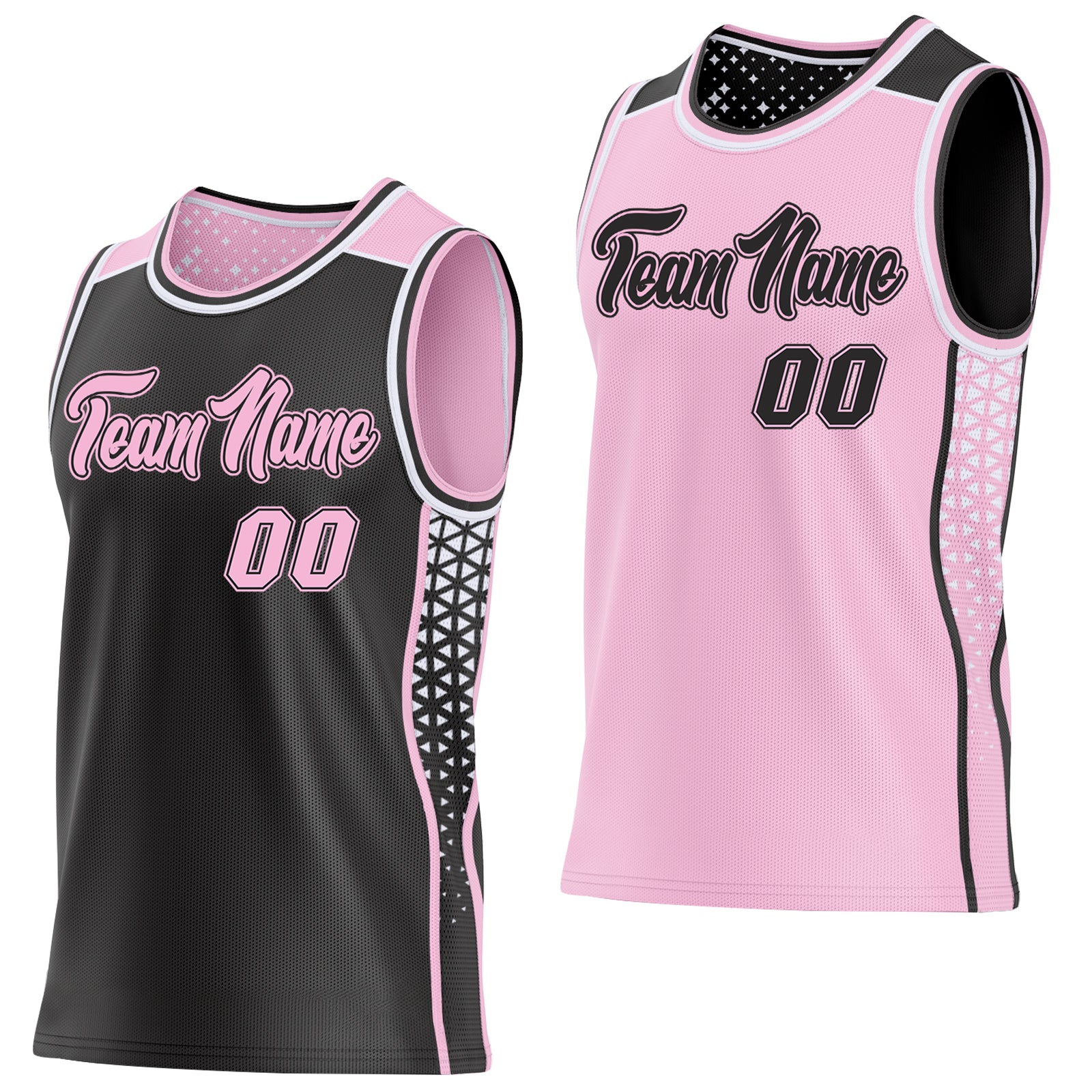 Custom Black Light Pink-White Side Panel Stripe Geometric Triangle Gradient Dot Reversible Double Side Sublimation Basketball Set Jersey