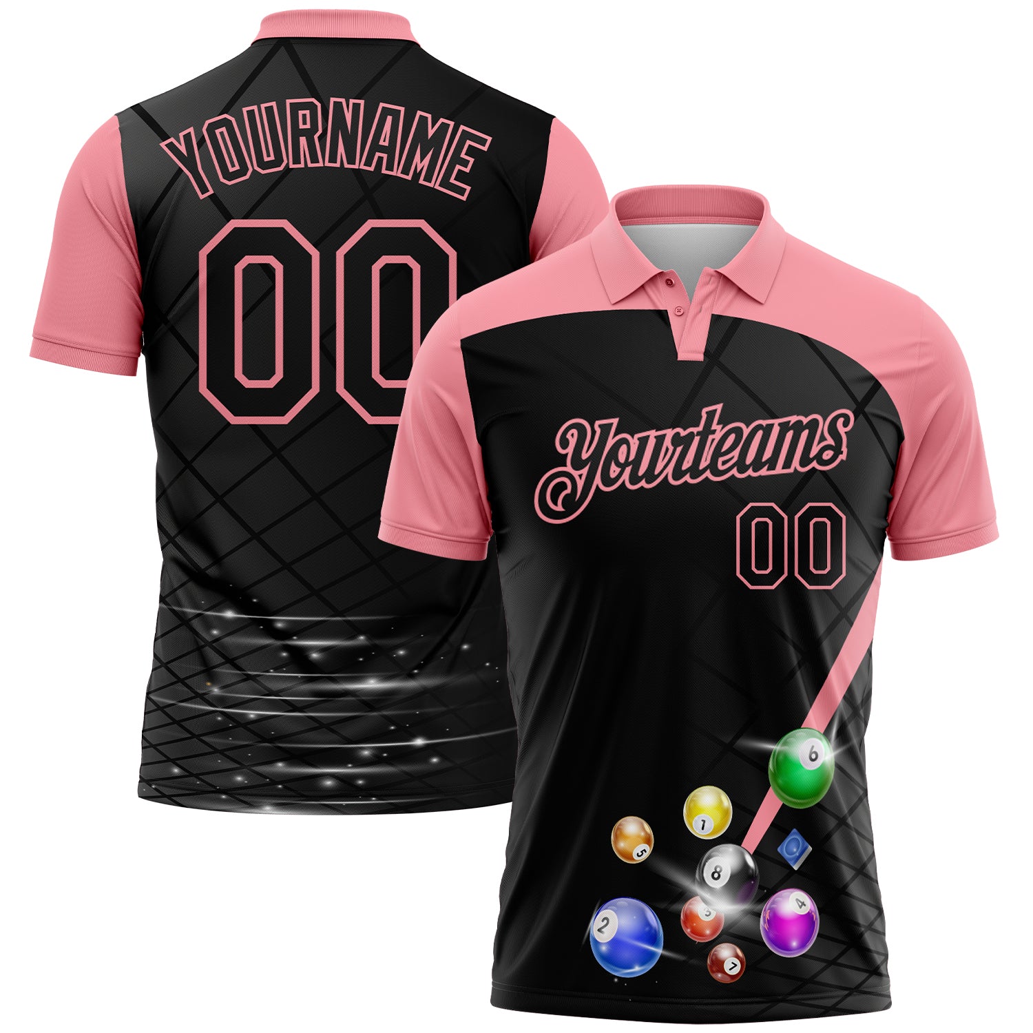 Custom Black-Medium Pink Billiard Balls Performance Polo Shirt