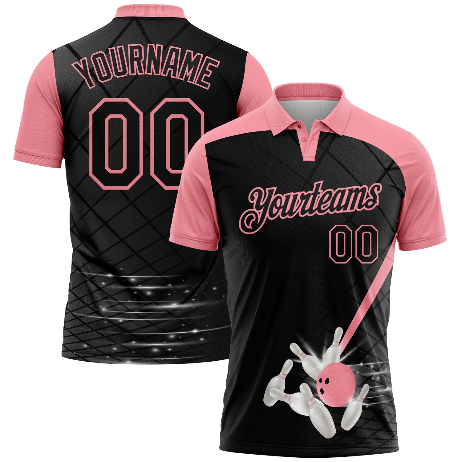 Custom Black-Medium Pink Bowling Geometric Grid Performance Polo Shirt