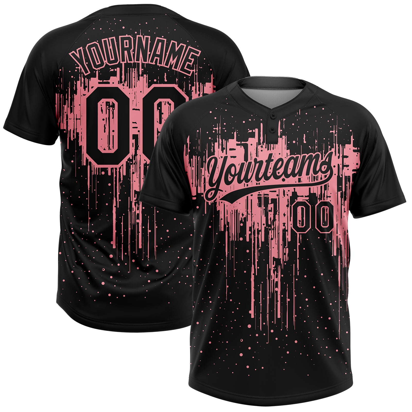 Custom Black Medium Pink Dripping Splatter Paint Two-Button Unisex Softball Jersey