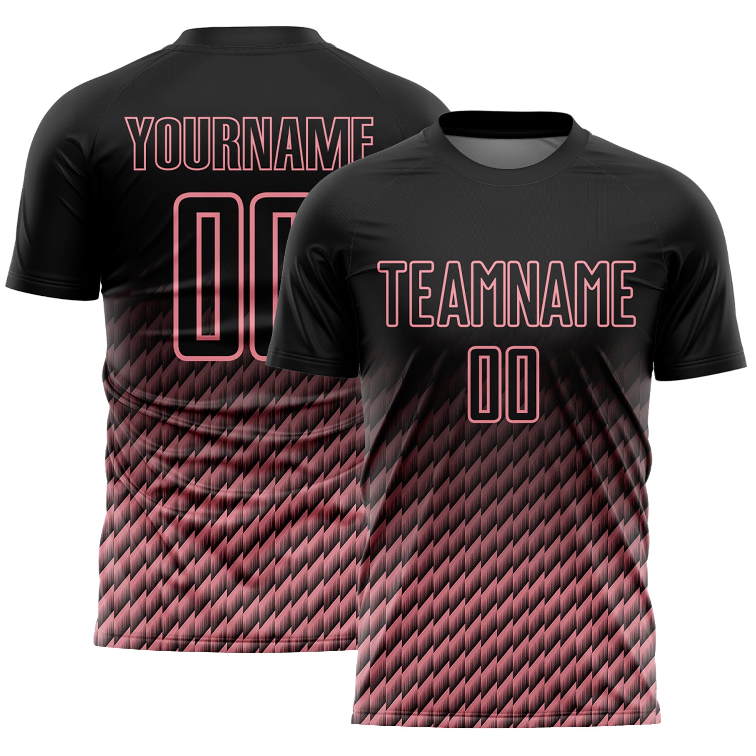 Custom Black-Medium Pink Geometric Wave Gradient Sublimation Soccer Uniform Jersey