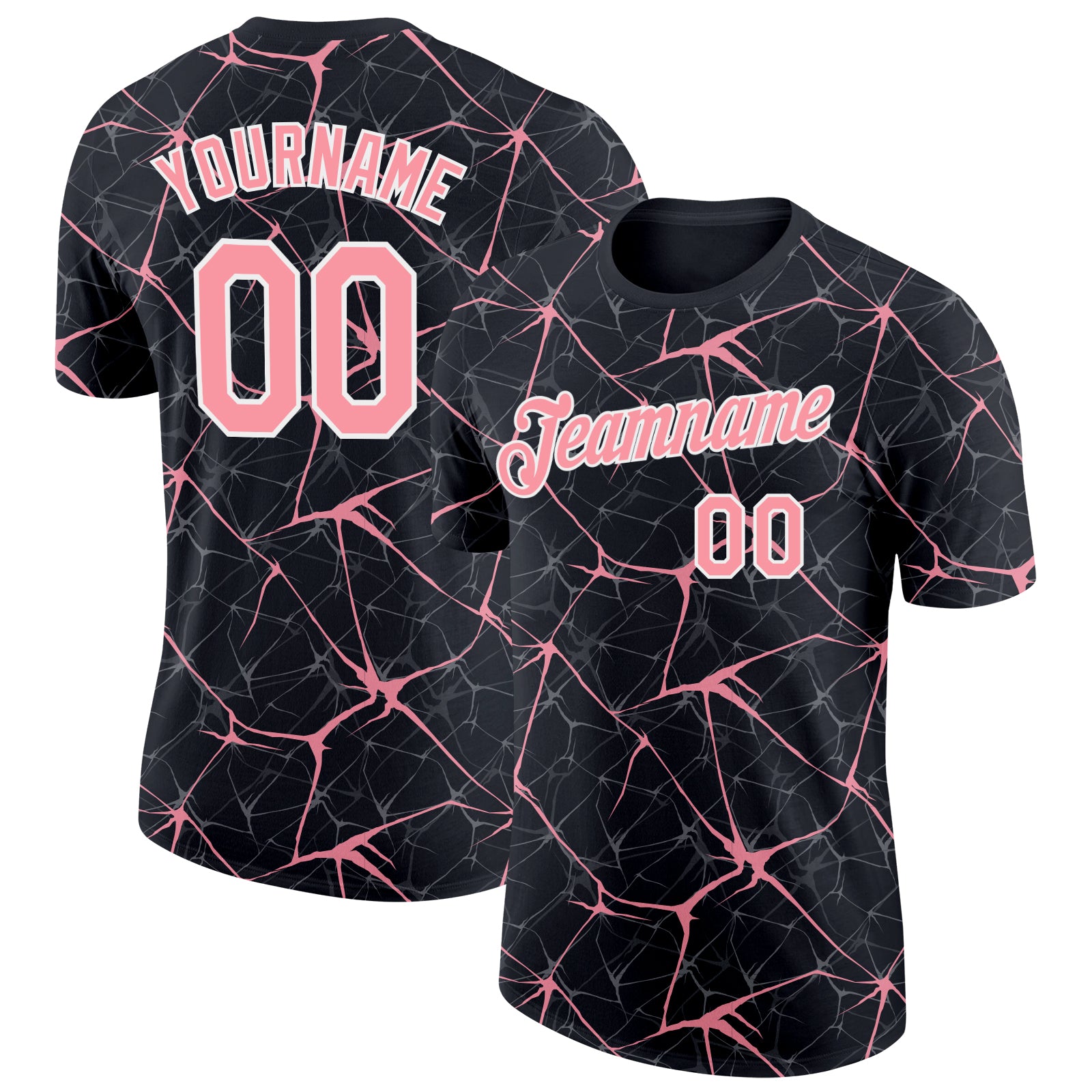 Custom Black Medium Pink Gray-White Abstract Network Crackle Performance T-Shirt