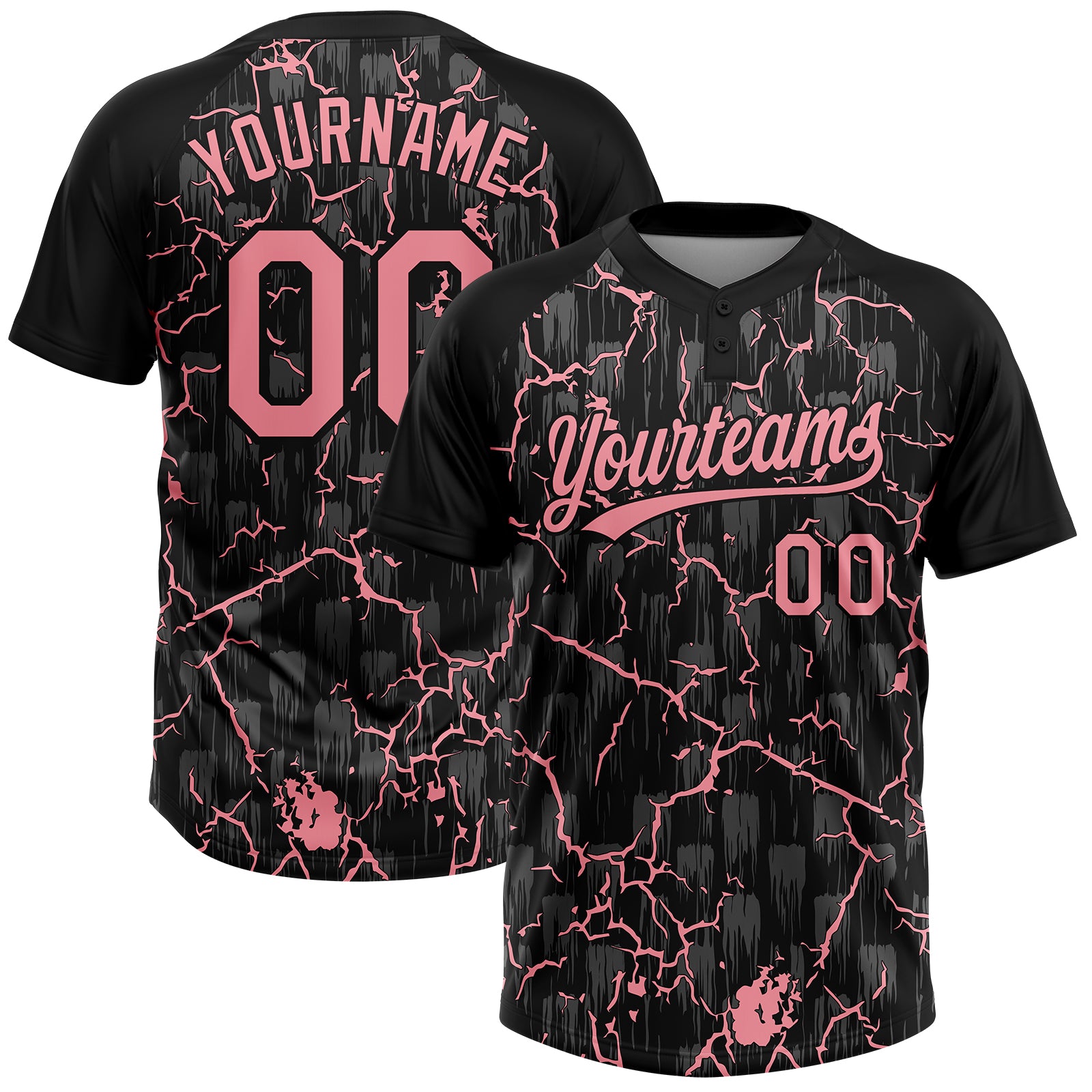 Custom Black-Medium Pink Raglan Sleeves Neon Lightning Crackle Two-Button Unisex Softball Jersey