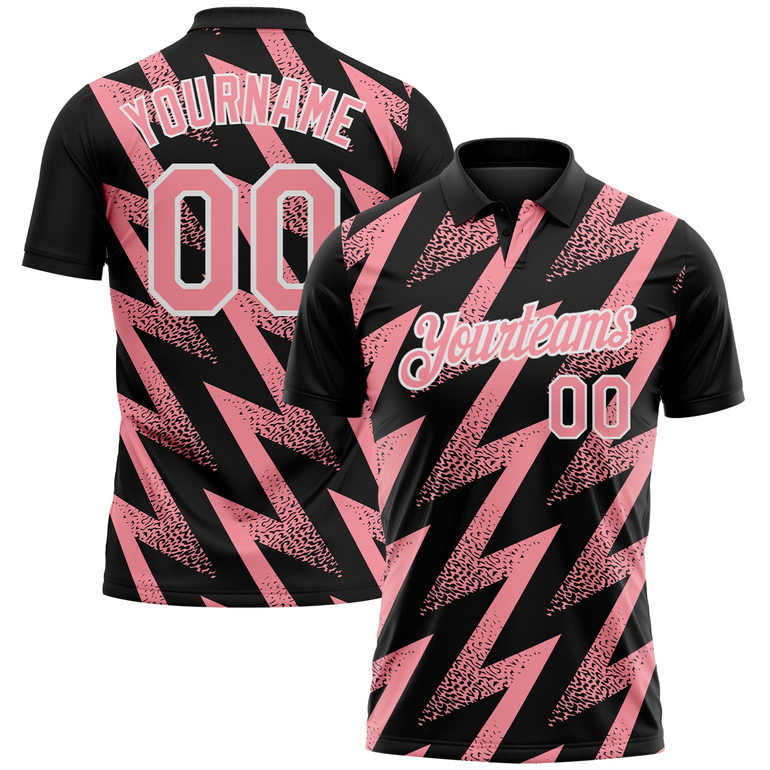 Custom Black Medium Pink-White Geometric Zigzag Shape Lightning Performance Polo Shirt