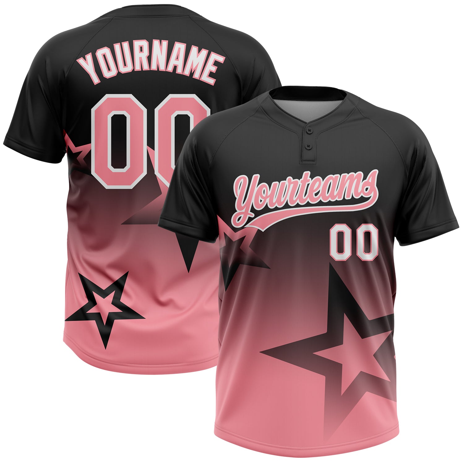 Custom Black Medium Pink-White Gradient Style Twinkle Star Two-Button Unisex Softball Jersey