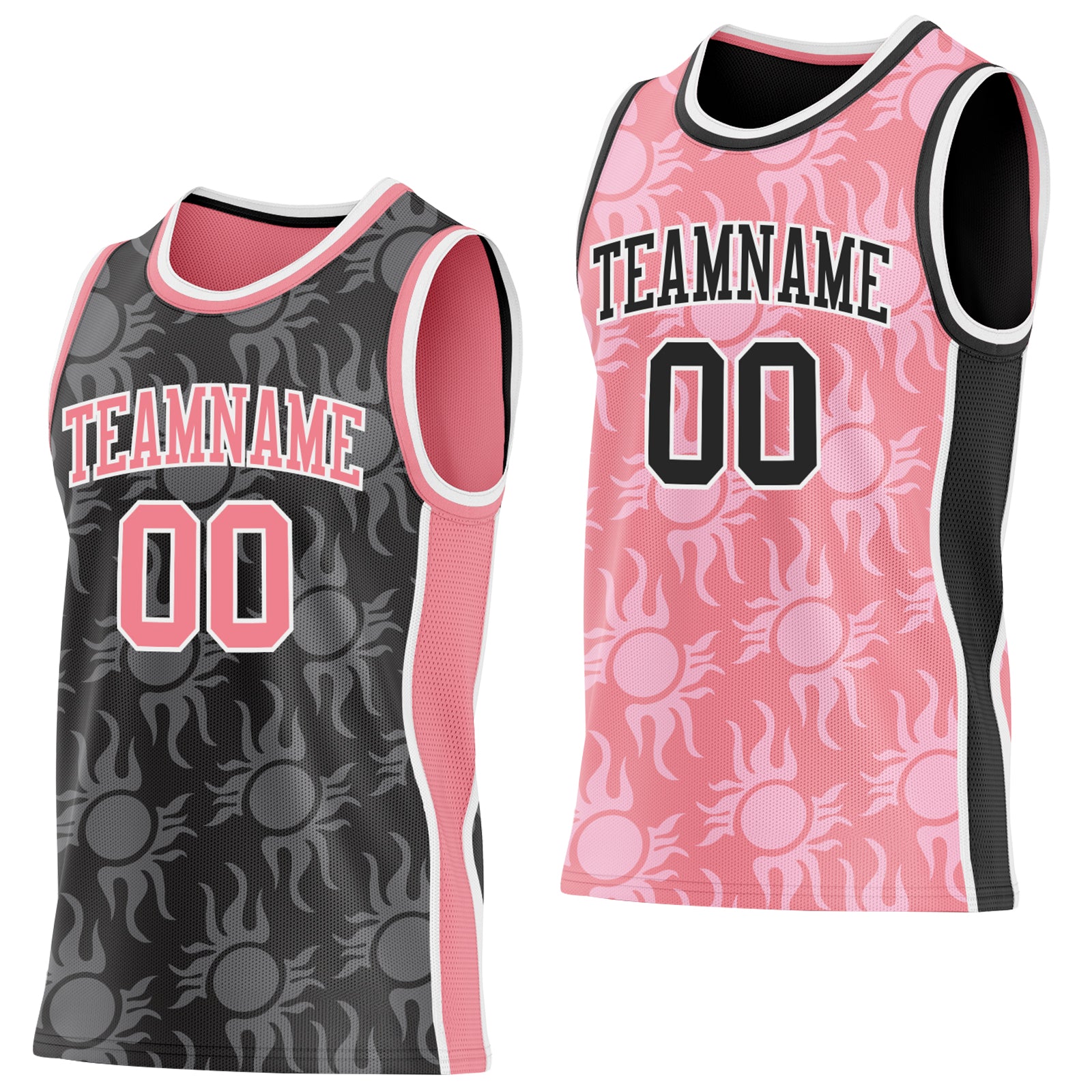 Custom Black Medium Pink-White Side Panel Stripe Sun Flame Reversible Double Side Sublimation Basketball Set Jersey