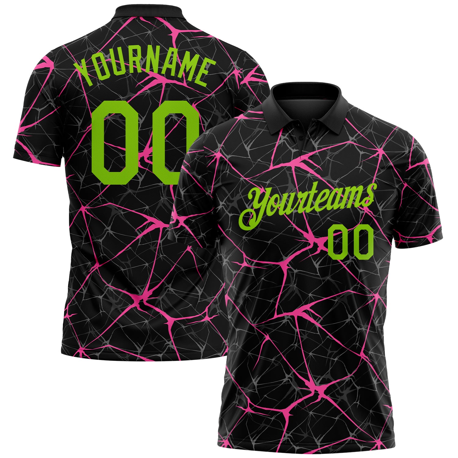Custom Black Neon Green-Pink 3D Pattern Abstract Network Crackle Performance Polo Shirt