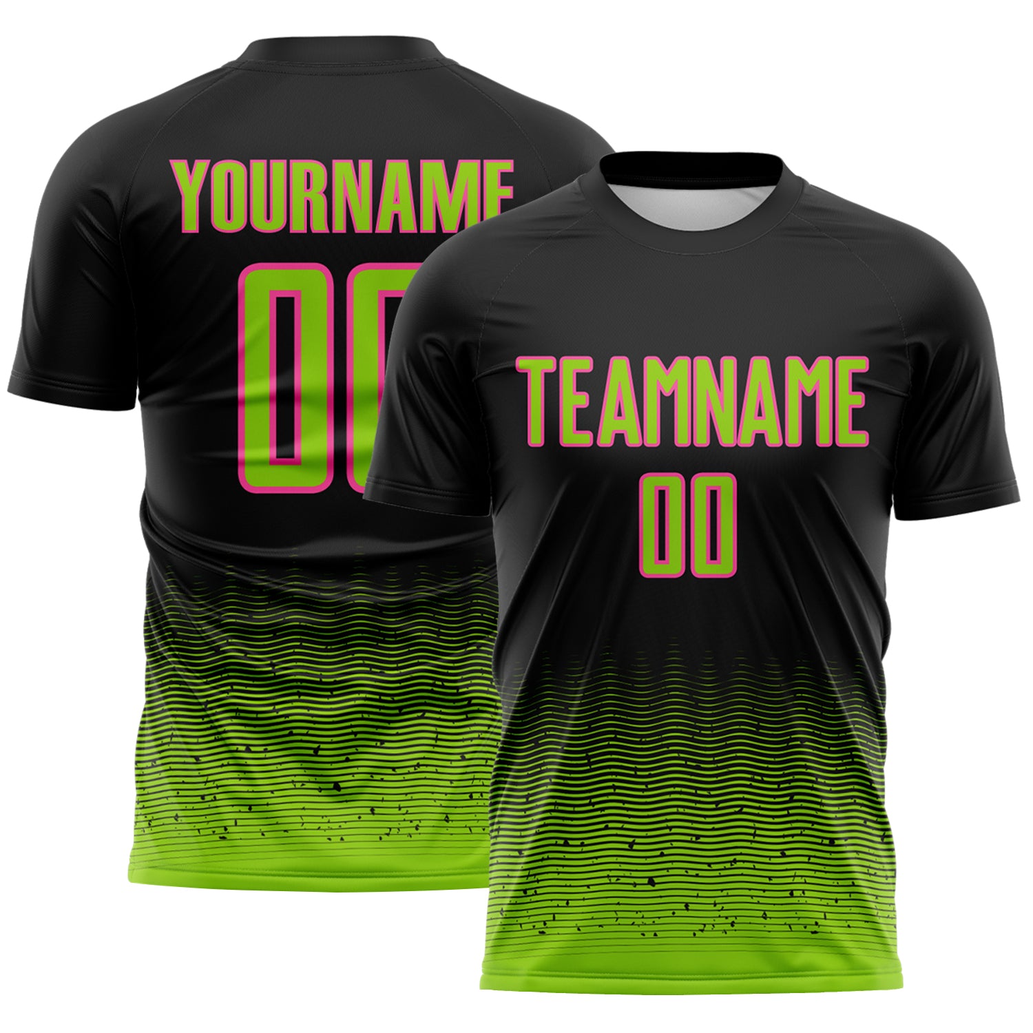 Custom Black Neon Green-Pink Fade Wave Lines Splatter Sublimation Soccer Uniform Jersey