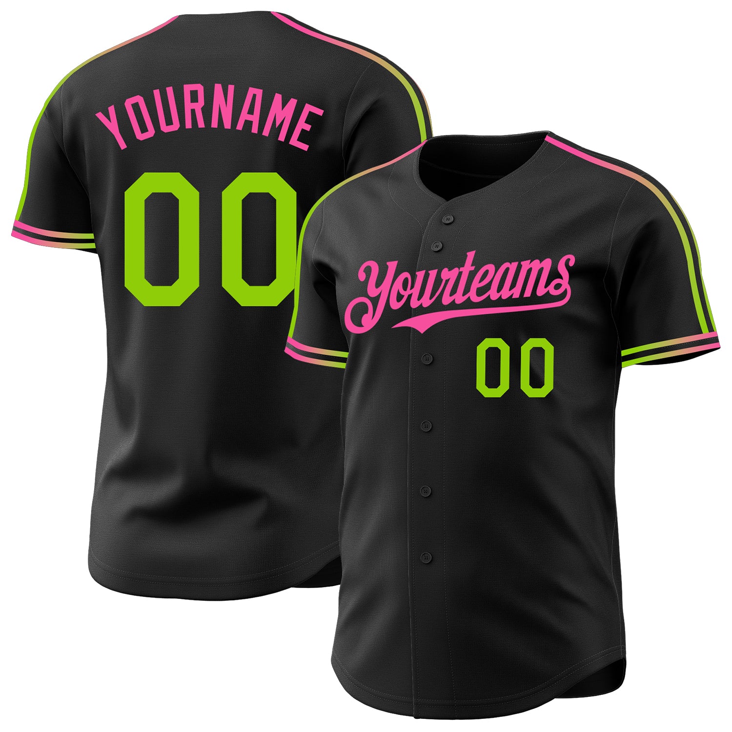 Custom Black Neon Green-Pink Raglan Line Gradient Stripe Authentic Baseball Jersey