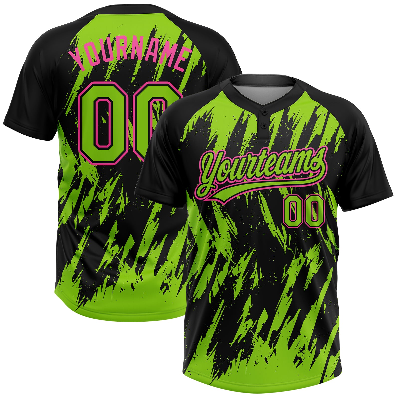 Custom Black Neon Green-Pink Splatter Torn Sharp Brush Stroke Two-Button Unisex Softball Jersey