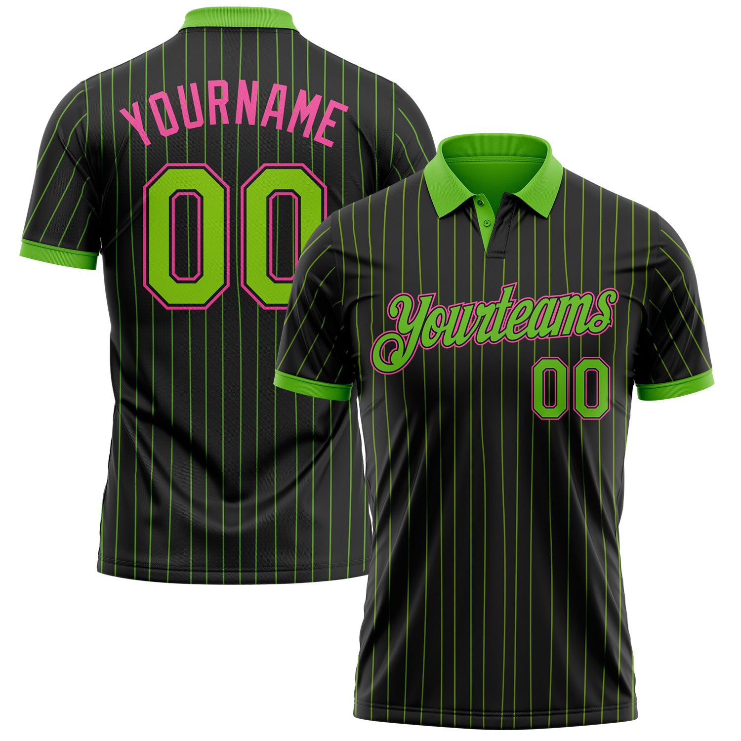 Custom Black Neon Green Pinstripe-Pink Performance Polo Shirt