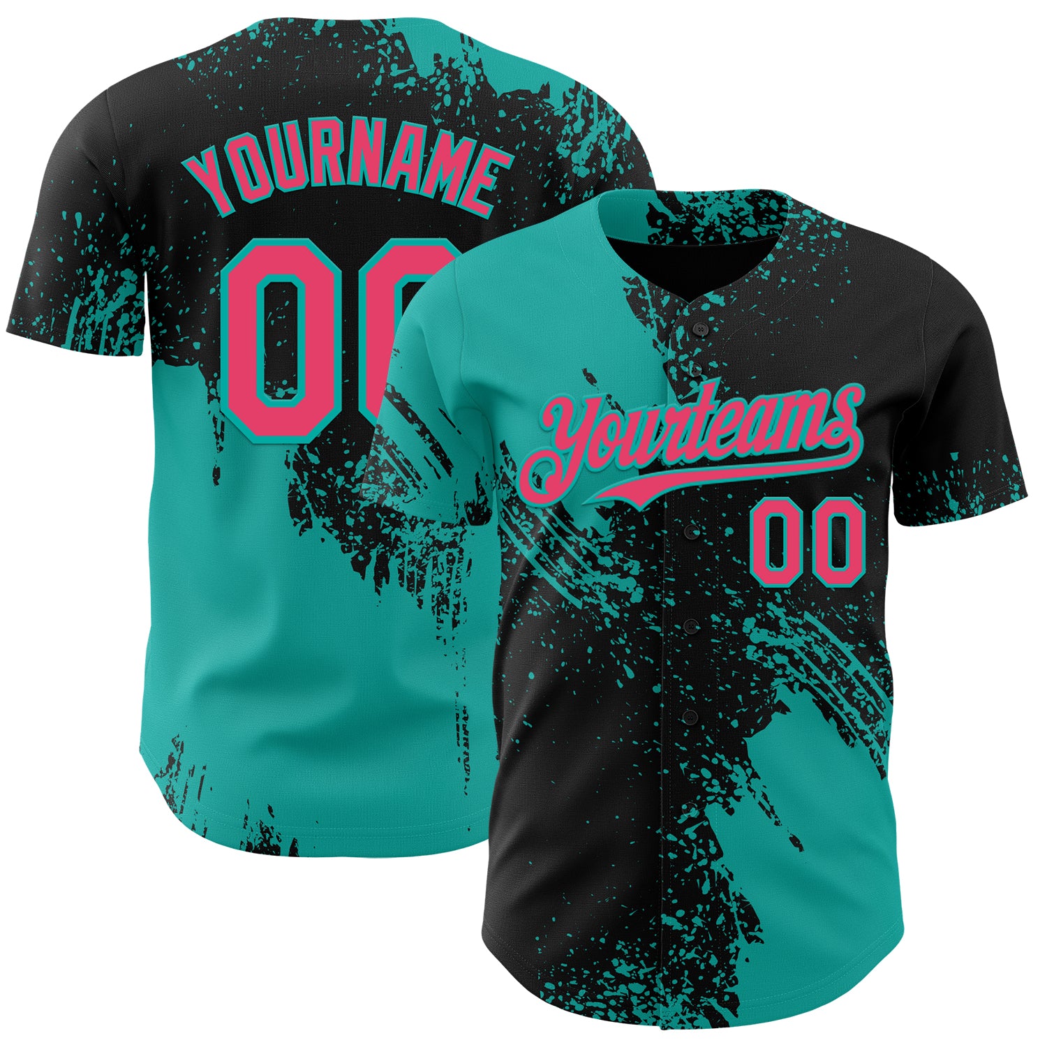 Custom Black Neon Pink-Aqua Abstract Brush Stroke Authentic Baseball Jersey