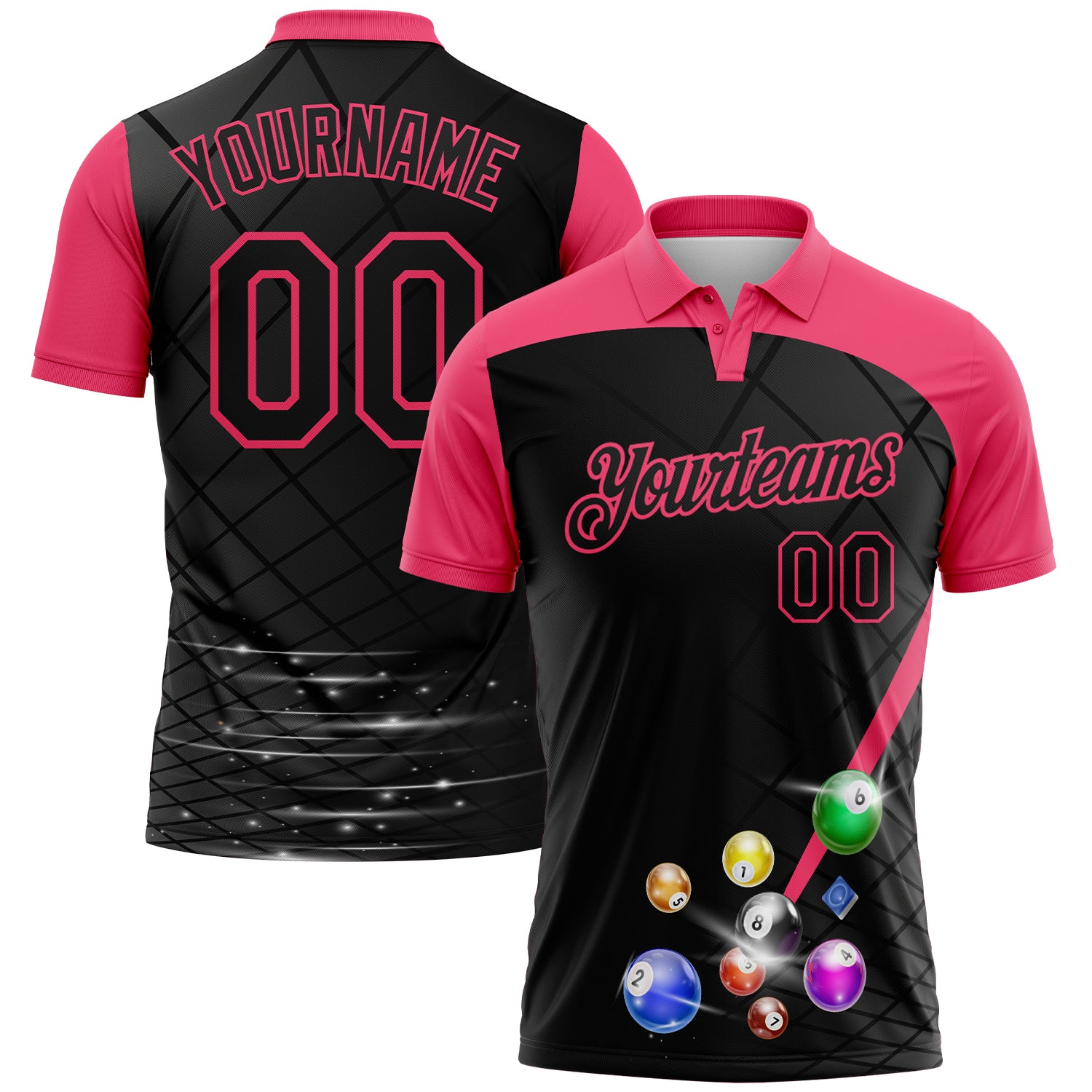 Custom Black-Neon Pink Billiard Balls Performance Polo Shirt