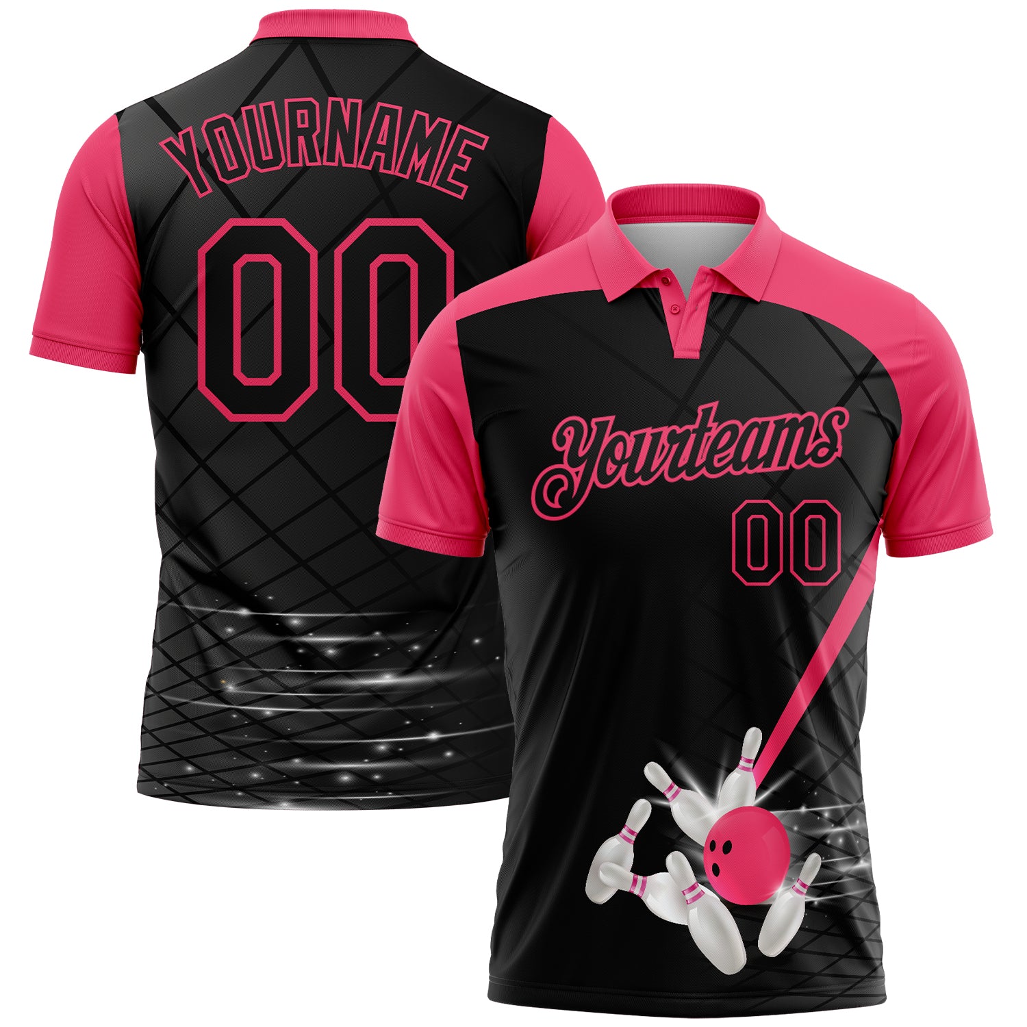 Custom Black-Neon Pink Bowling Geometric Grid Performance Polo Shirt