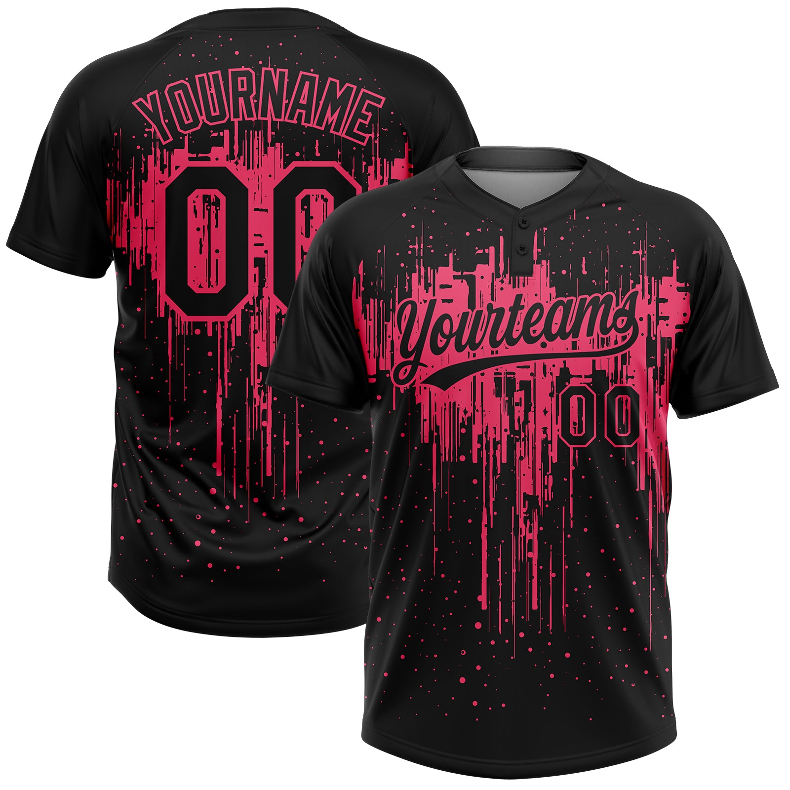 Custom Black Neon Pink Dripping Splatter Paint Two-Button Unisex Softball Jersey
