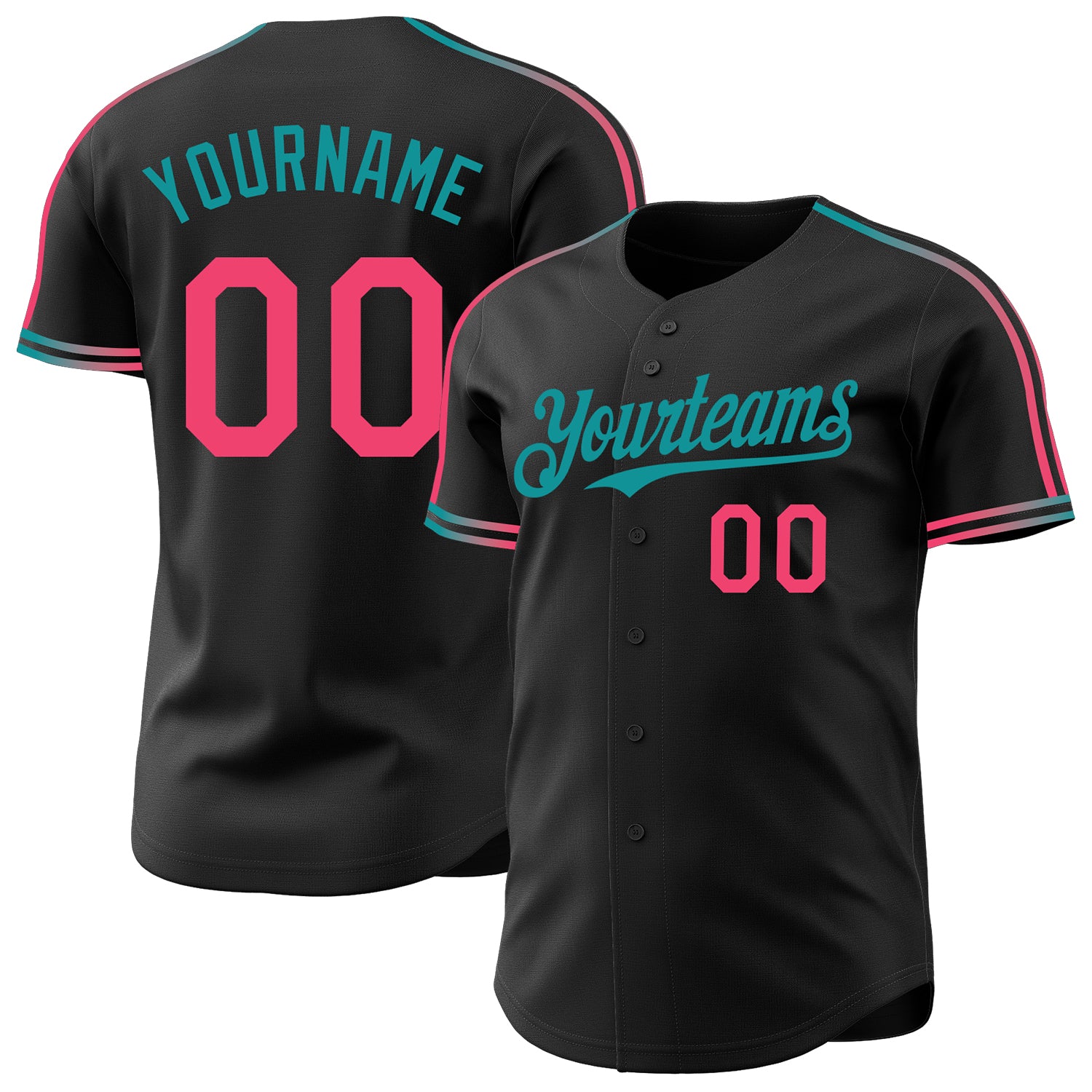Custom Black Neon Pink-Teal Raglan Line Gradient Stripe Authentic Baseball Jersey