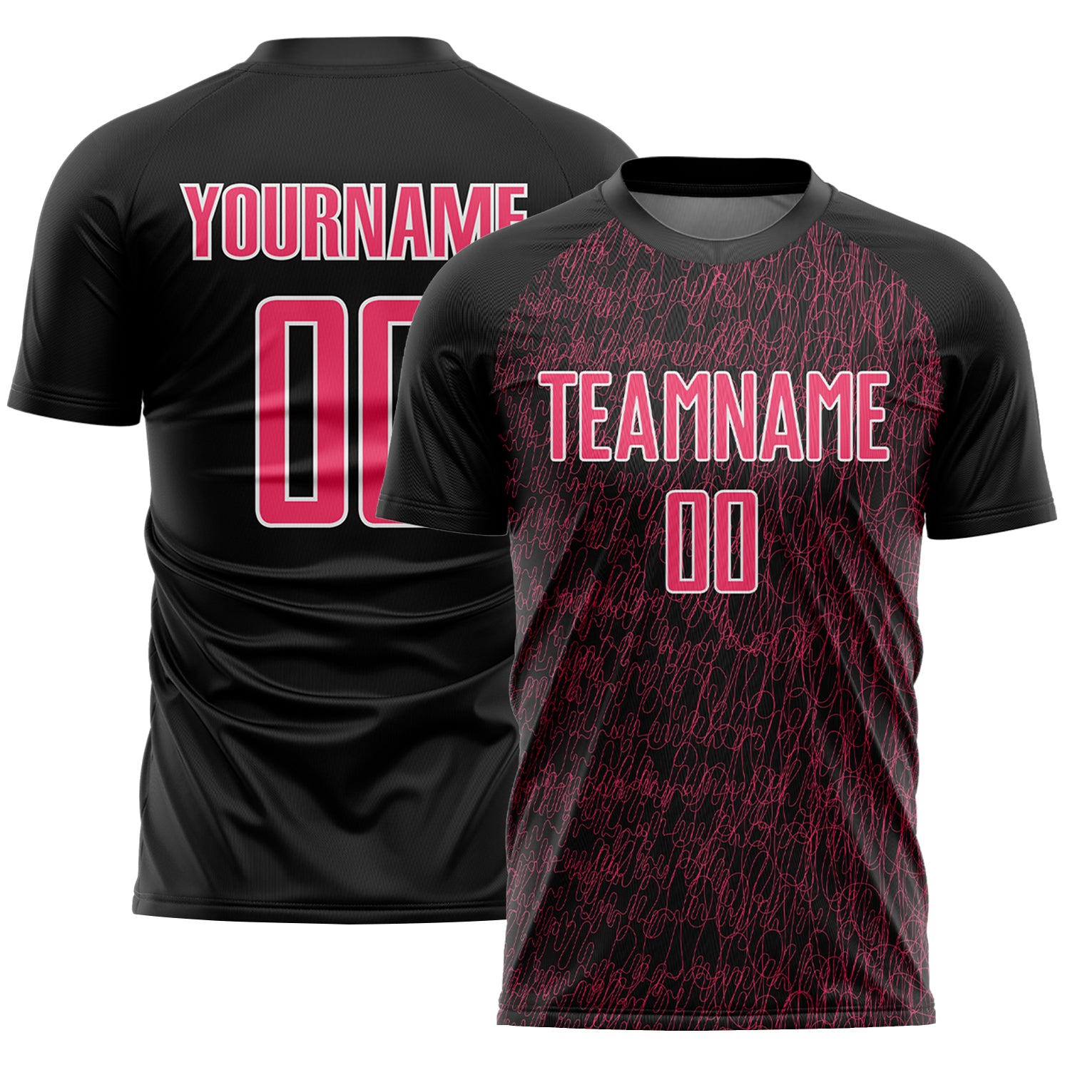 Custom Black Neon Pink-White Abstract Scribble Curve Line Pattern Sports Sublimation Soccer Uniform Jersey