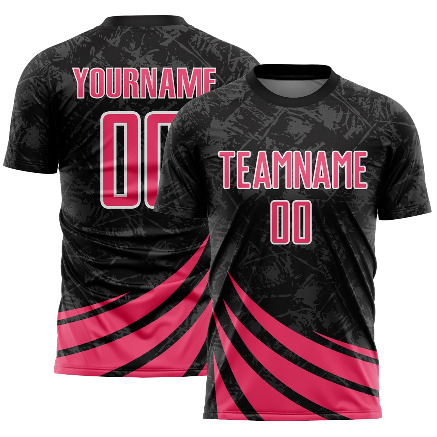 Custom Black Neon Pink-White Distressed Diagonal Stripes Wind Shapes Sports Sublimation Soccer Uniform Jersey