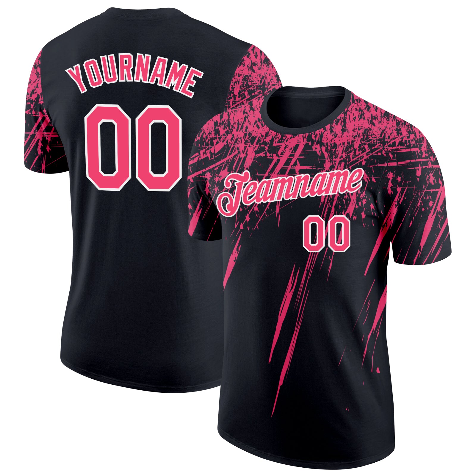 Custom Black Neon Pink-White Distressed Scratch Brush Stroke Performance T-Shirt