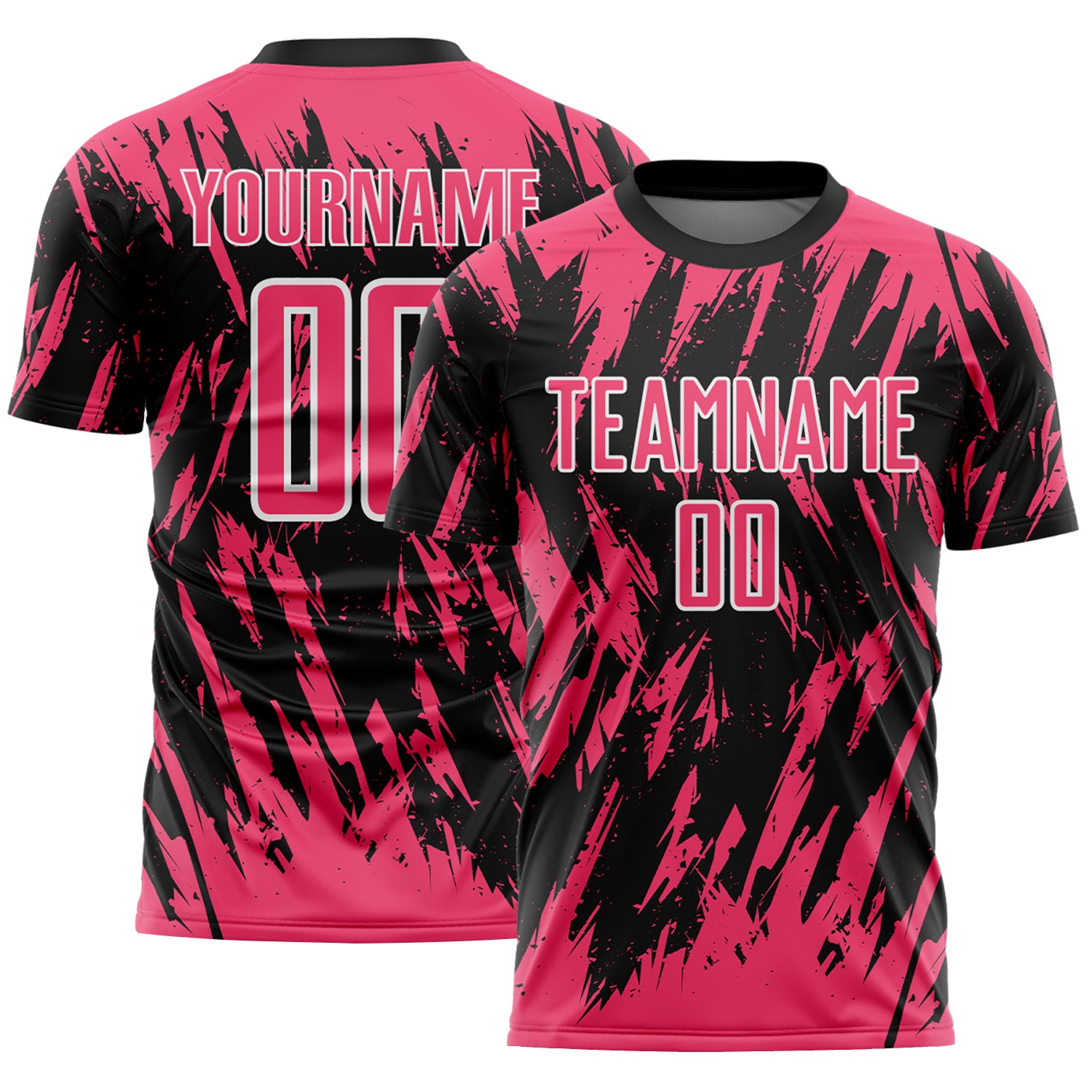 Custom Black Neon Pink-White Splatter Torn Sharp Brush Stroke Sublimation Soccer Uniform Jersey