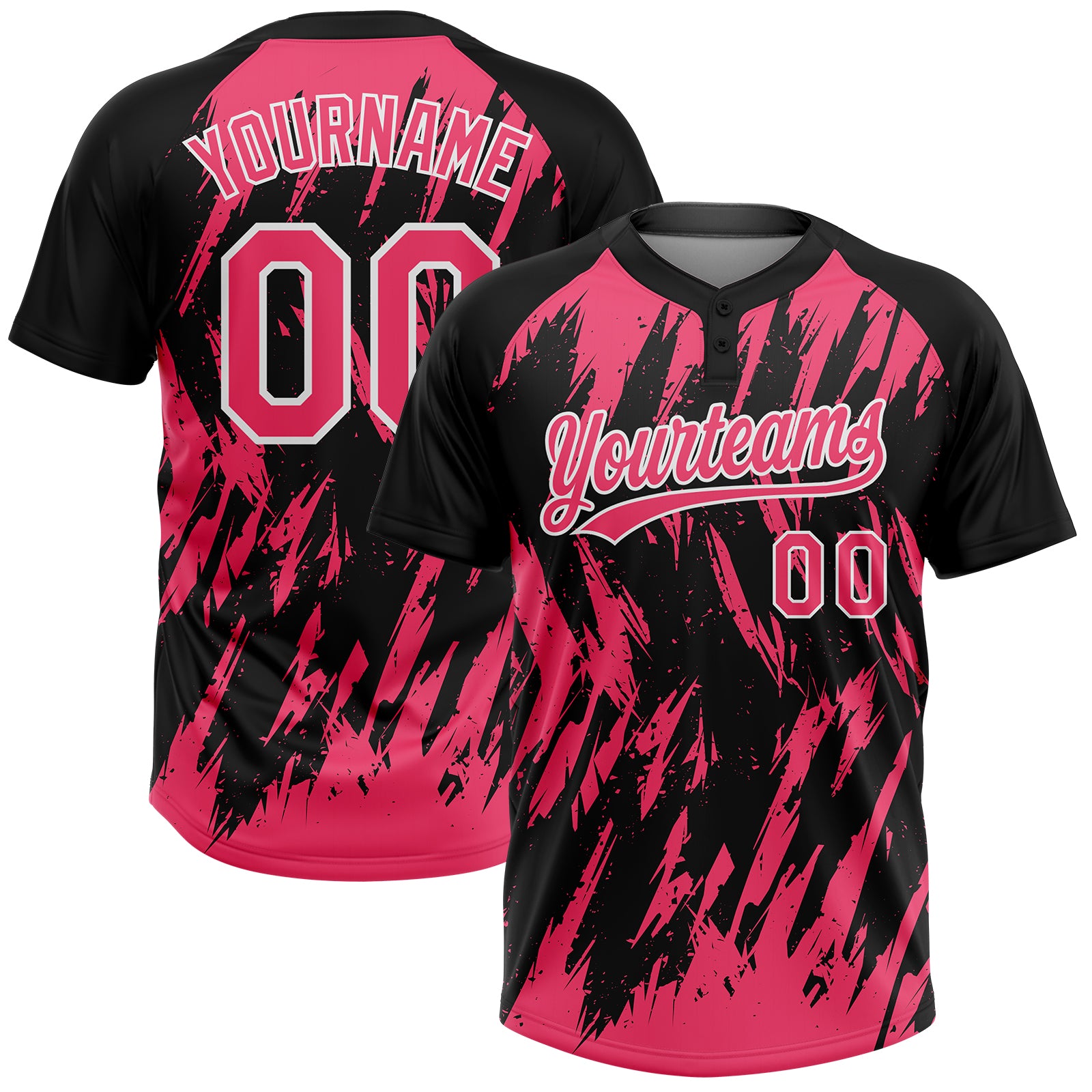 Custom Black Neon Pink-White Splatter Torn Sharp Brush Stroke Two-Button Unisex Softball Jersey
