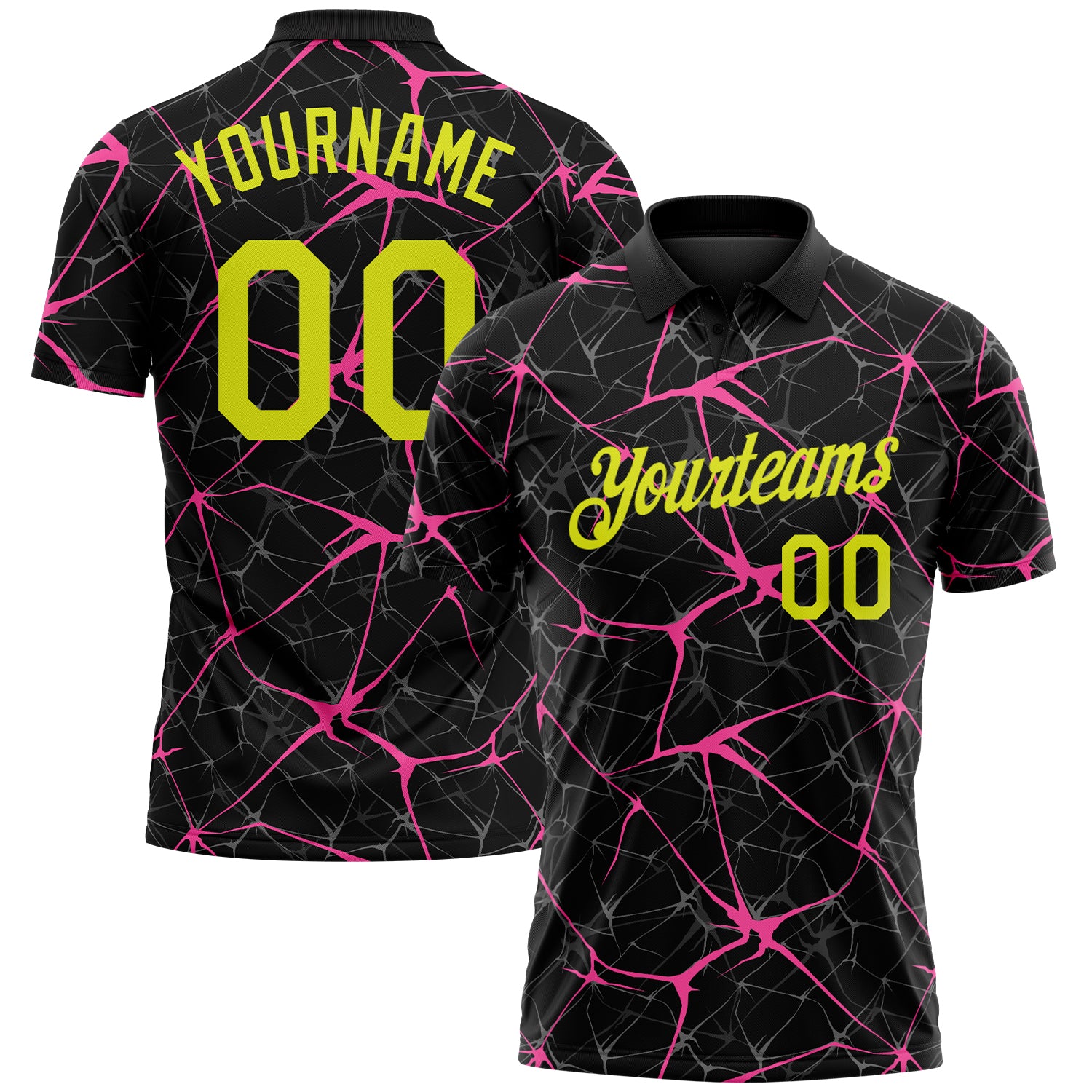 Custom Black Neon Yellow-Pink 3D Pattern Abstract Network Crackle Performance Polo Shirt