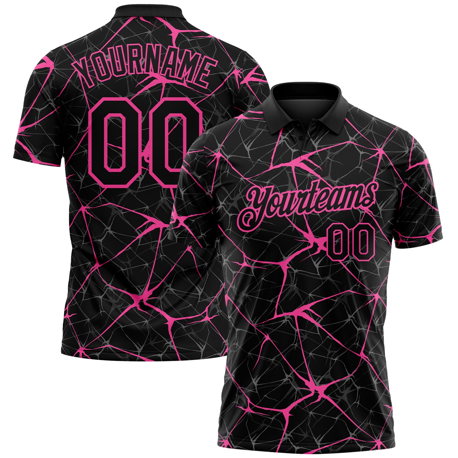 Custom Black-Pink 3D Pattern Abstract Network Crackle Performance Polo Shirt