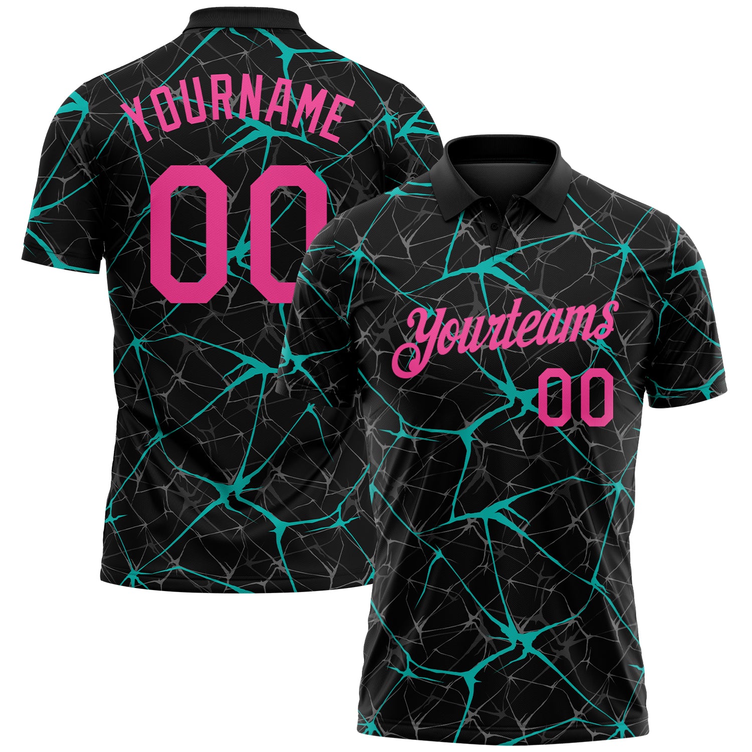 Custom Black Pink-Aqua 3D Pattern Abstract Network Crackle Performance Polo Shirt
