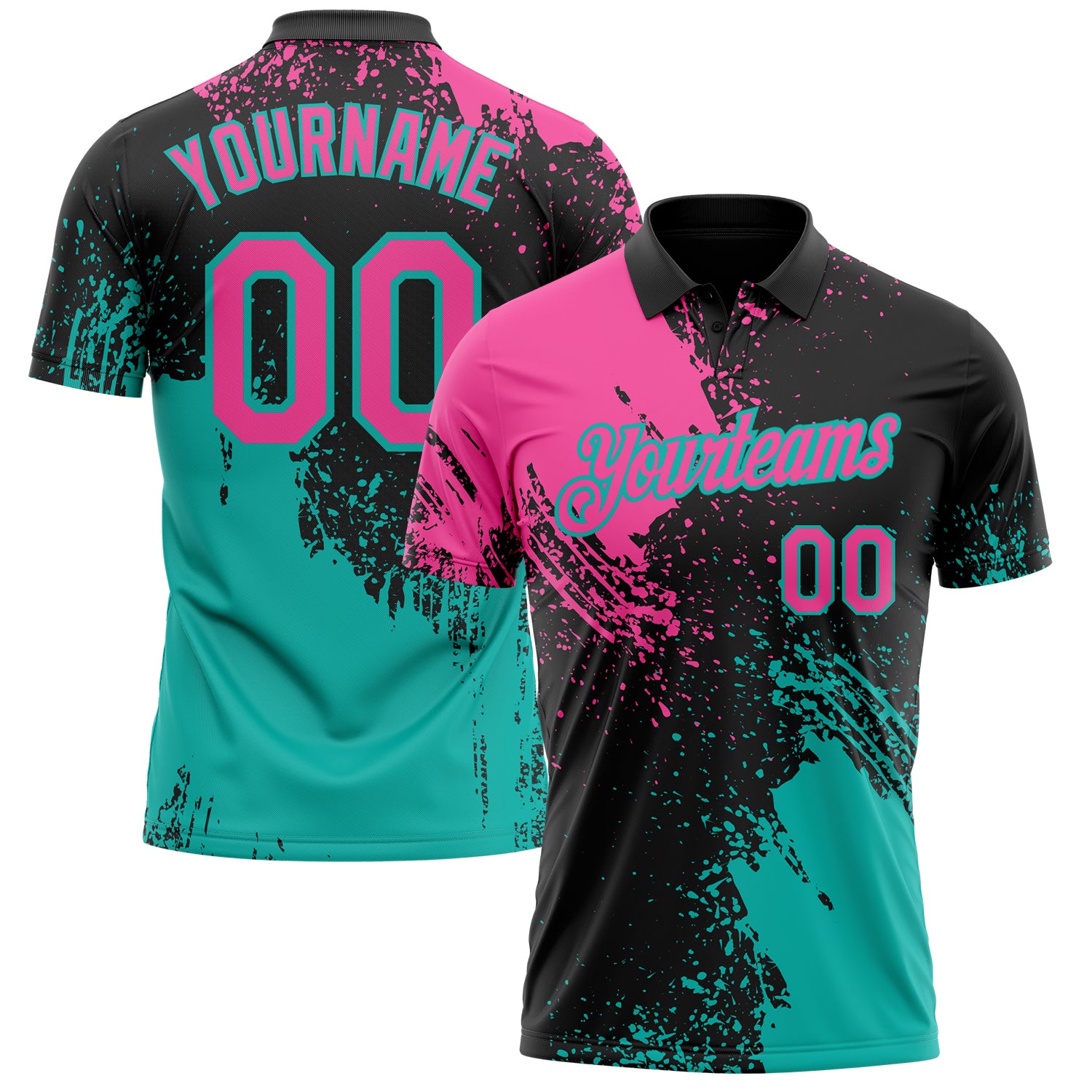 Custom Black Pink-Aqua Distressed Scratch Brush Stroke Performance Polo Shirt