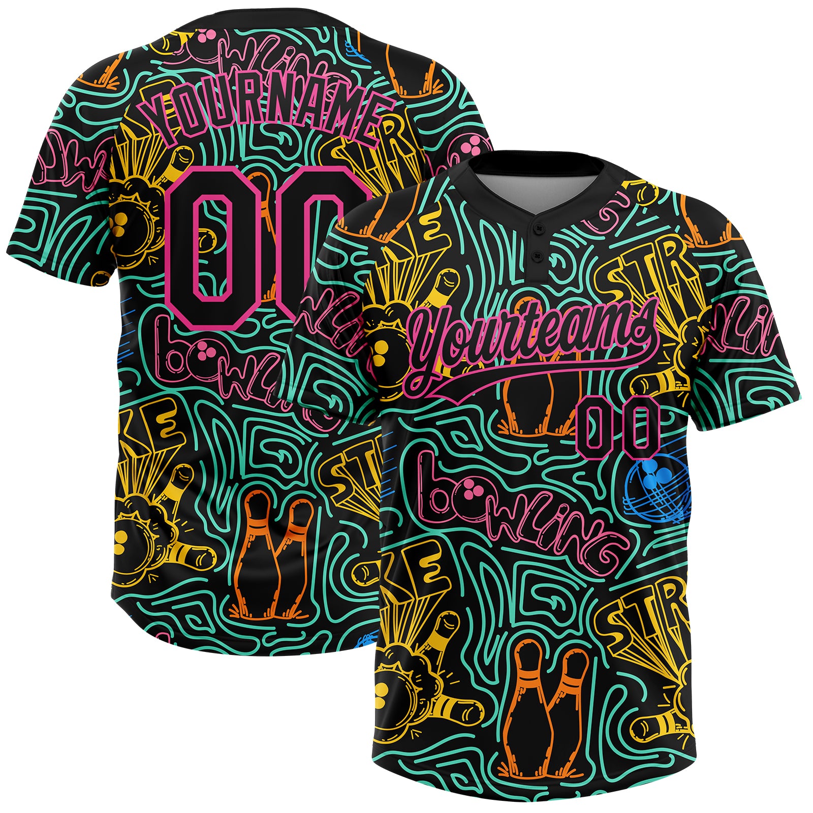 Custom Black Pink Bowling 3D Pattern Design Two-Button Unisex Softball Jersey