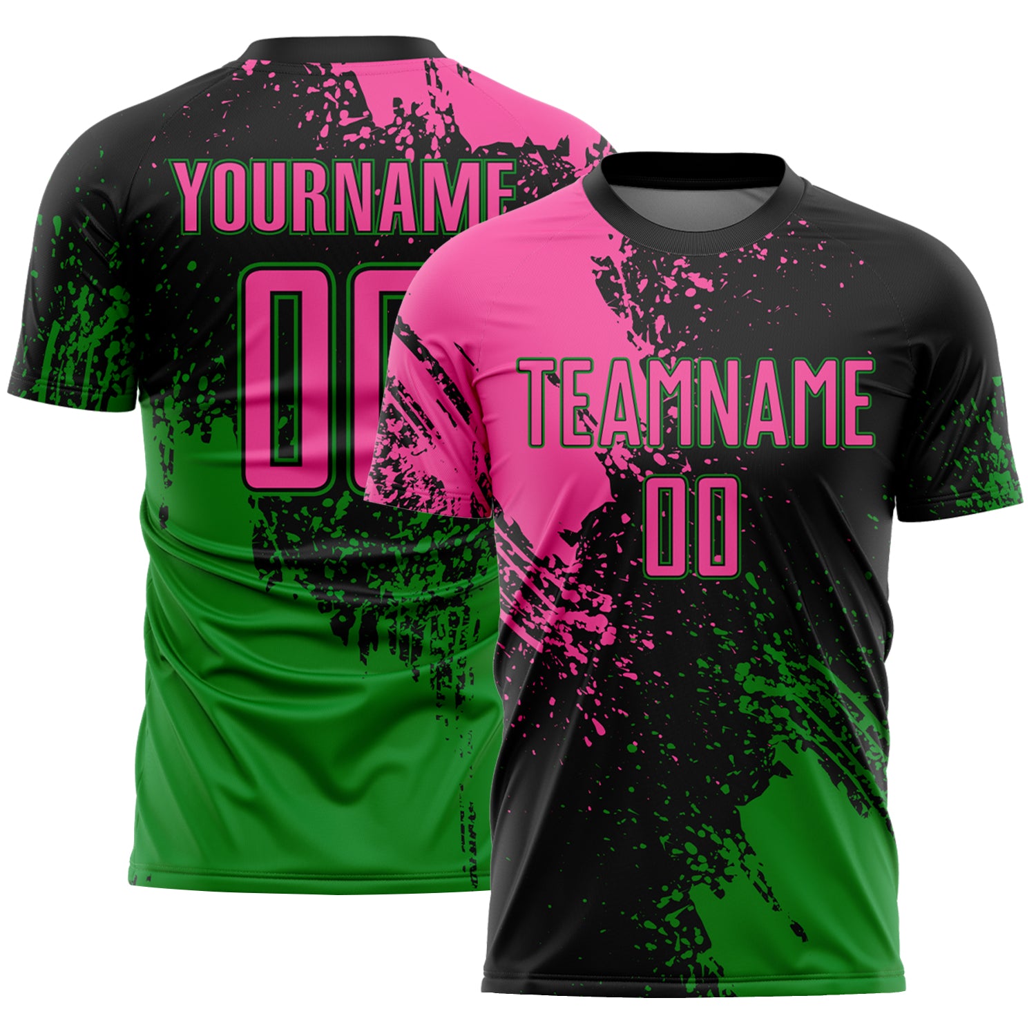 Custom Black Pink-Grass Green Abstract Brush Stroke Sports Sublimation Soccer Uniform Jersey