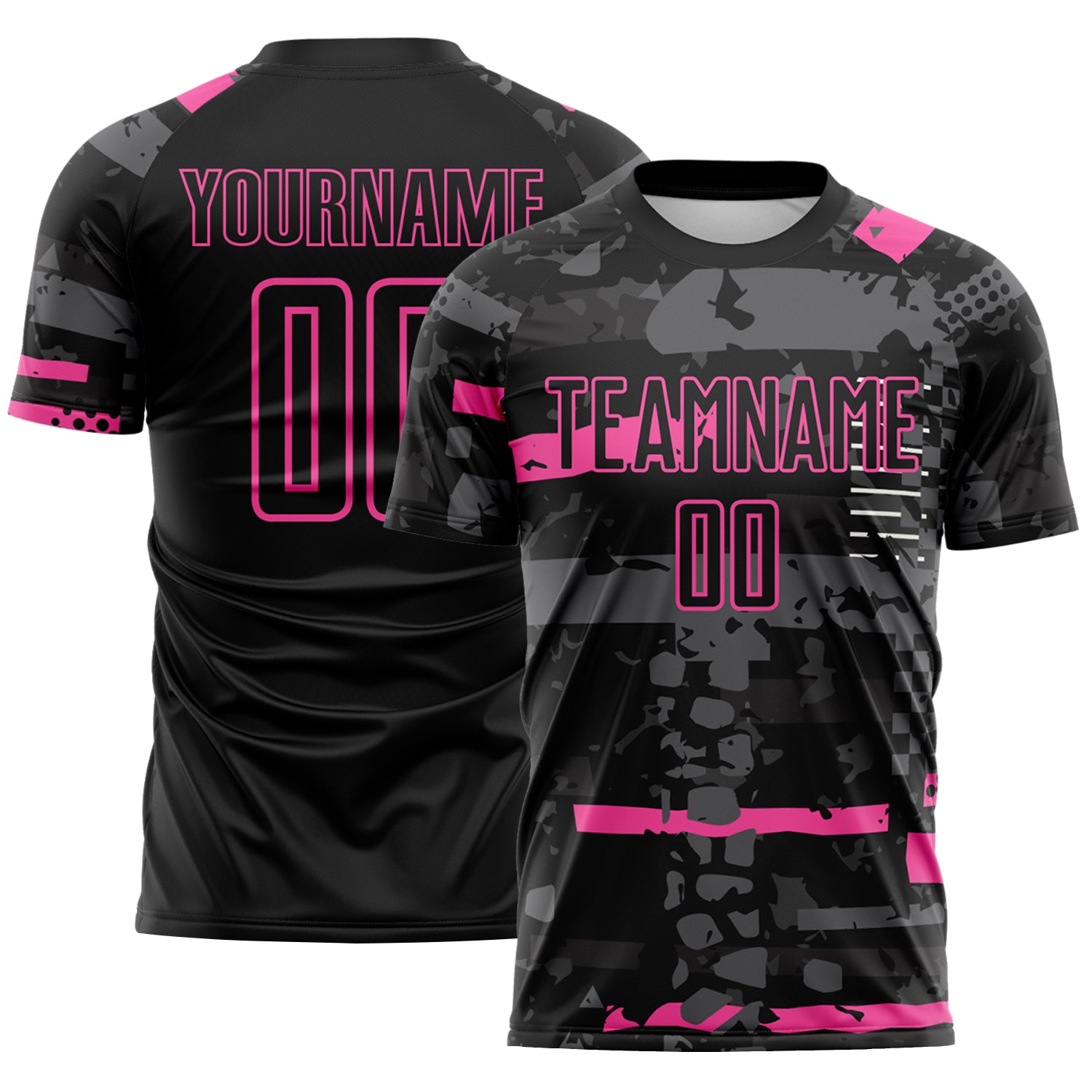 Custom Black Pink-Gray Abstract Geometric Stripe Fragment Sublimation Soccer Uniform Jersey