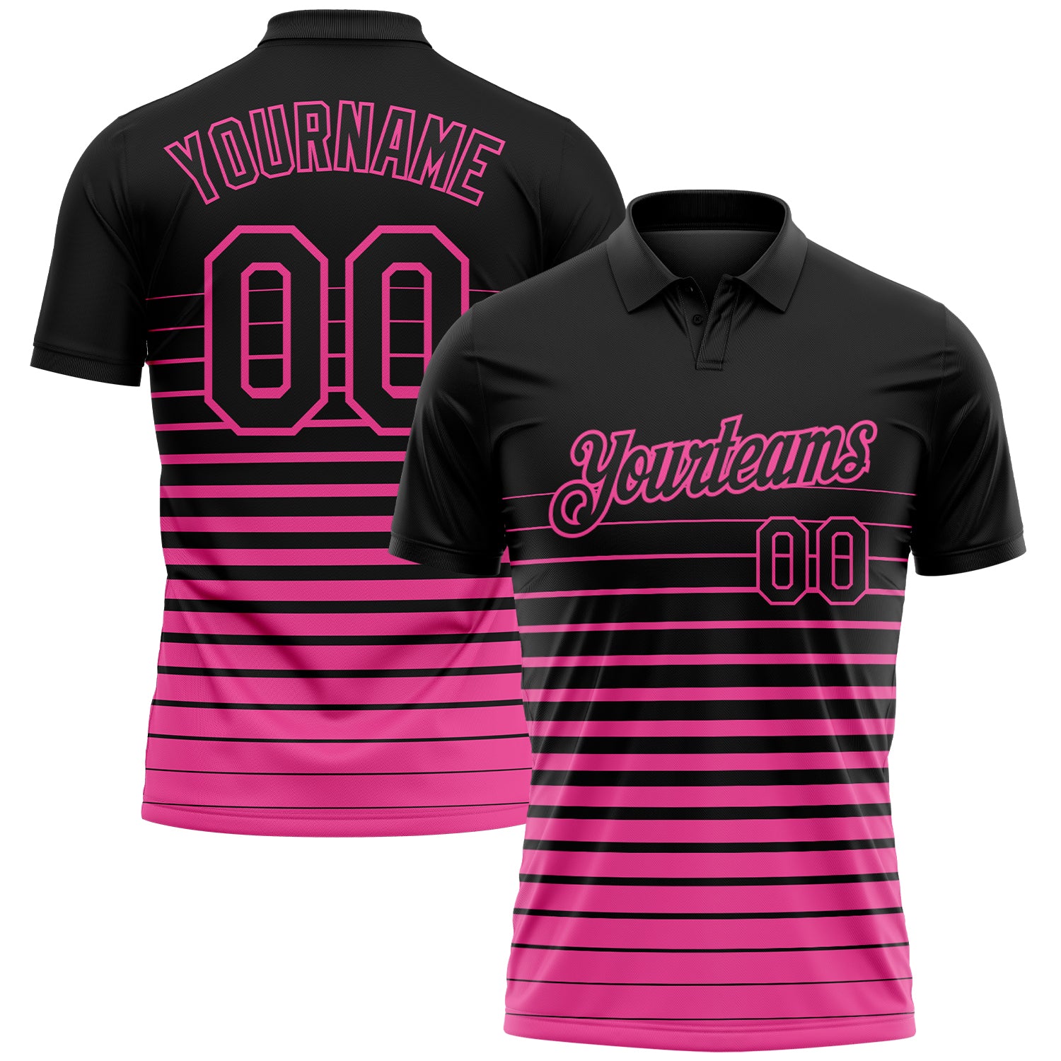 Custom Black-Pink Horizontal Gradient Stripe Performance Polo Shirt