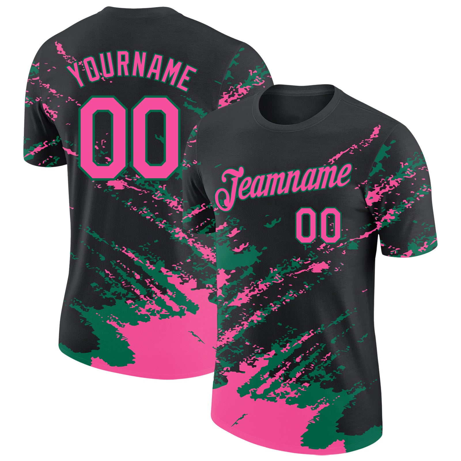 Custom Black Pink-Kelly Green Brush Stroke Shatter Splatter Performance T-Shirt
