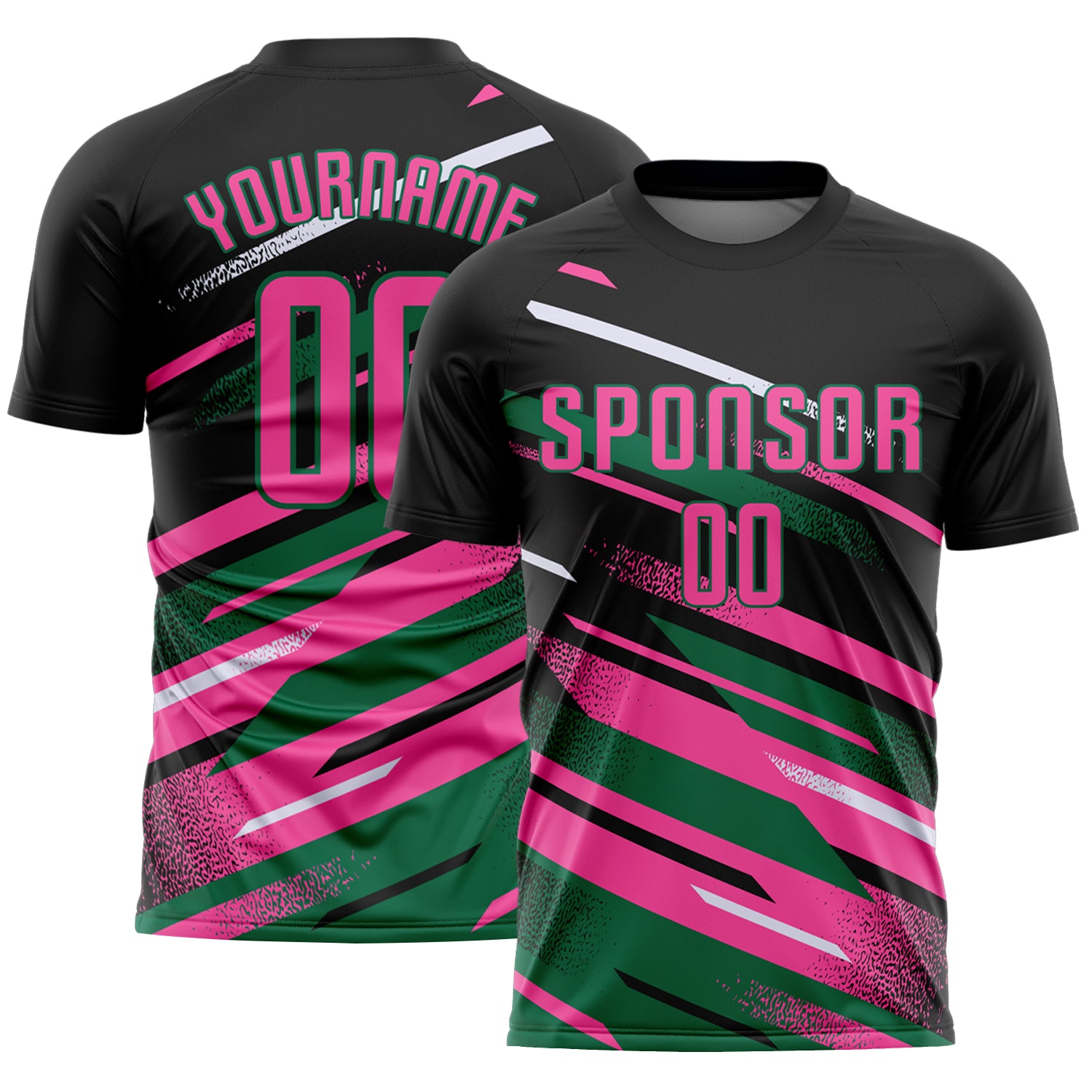 Custom Black Pink Kelly Green-White Grunge Stripe And Grainy Sports Sublimation Soccer Uniform Jersey