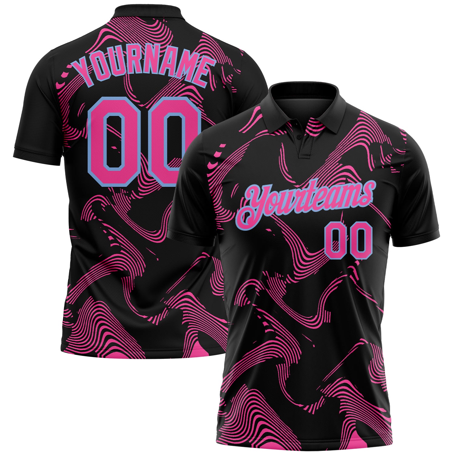 Custom Black Pink-Light Blue 3D Pattern Abstract Fluid Swirl Line Performance Polo Shirt