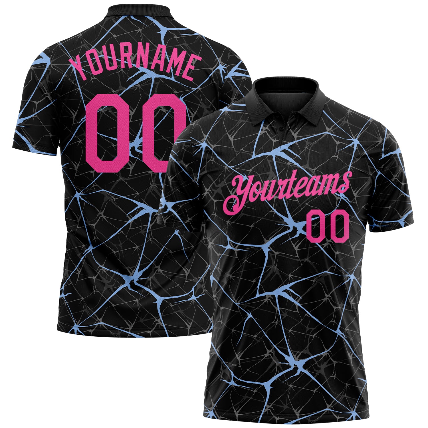 Custom Black Pink-Light Blue 3D Pattern Abstract Network Crackle Performance Polo Shirt