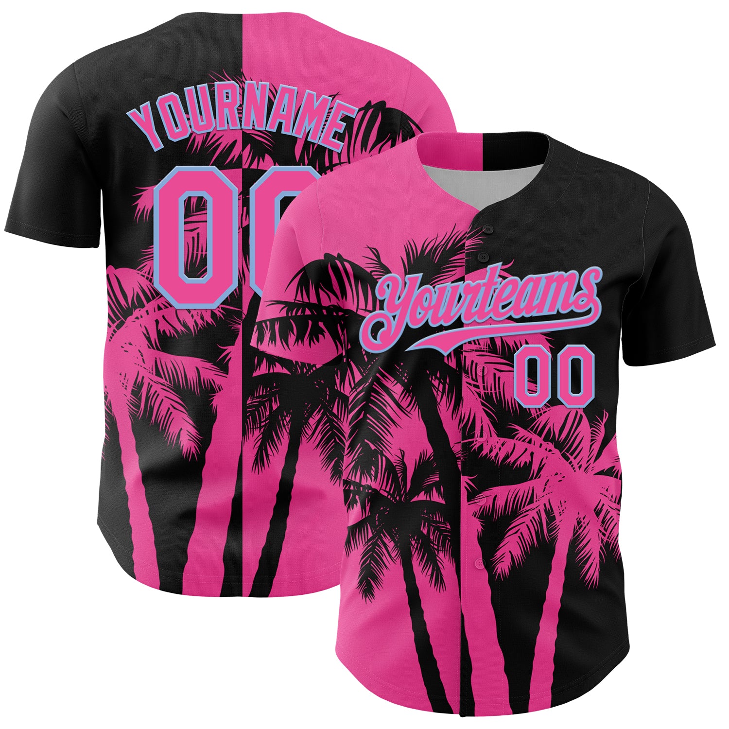 Custom Black Pink-Light Blue 3D Pattern Design Hawaii Palm Trees Tropical Coconut Authentic Baseball Jersey