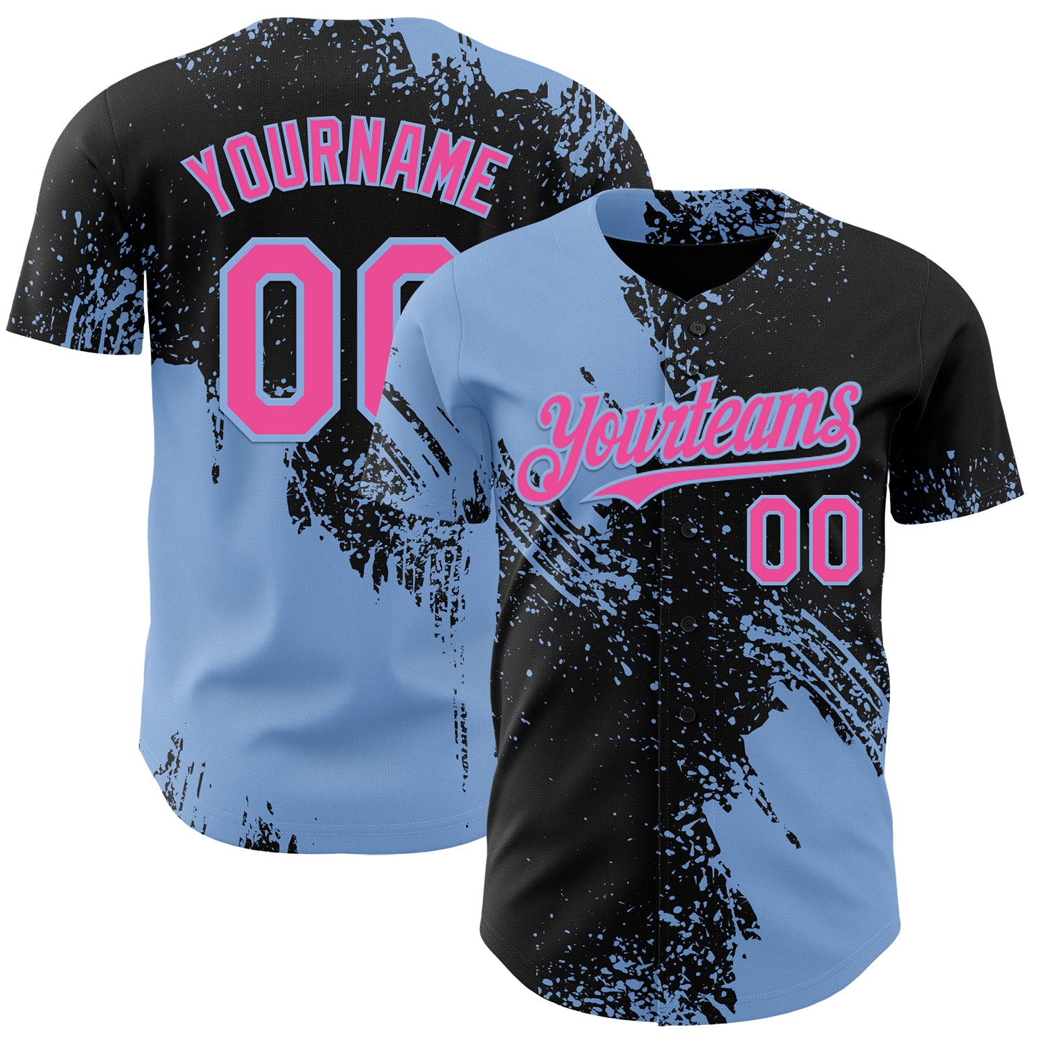 Custom Black Pink-Light Blue Abstract Brush Stroke Authentic Baseball Jersey