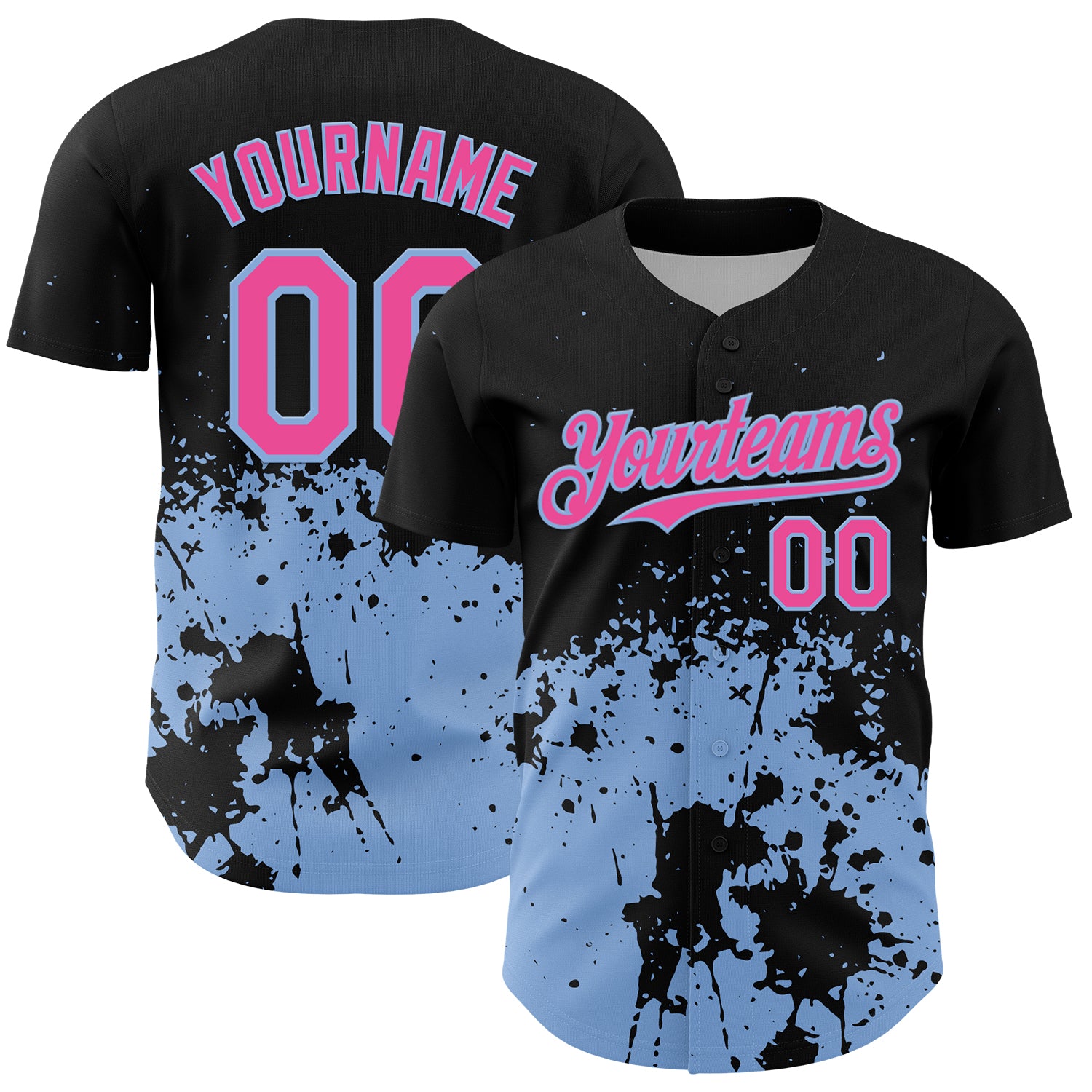 Custom Black Pink-Light Blue Abstract Splatter Grunge Authentic Baseball Jersey