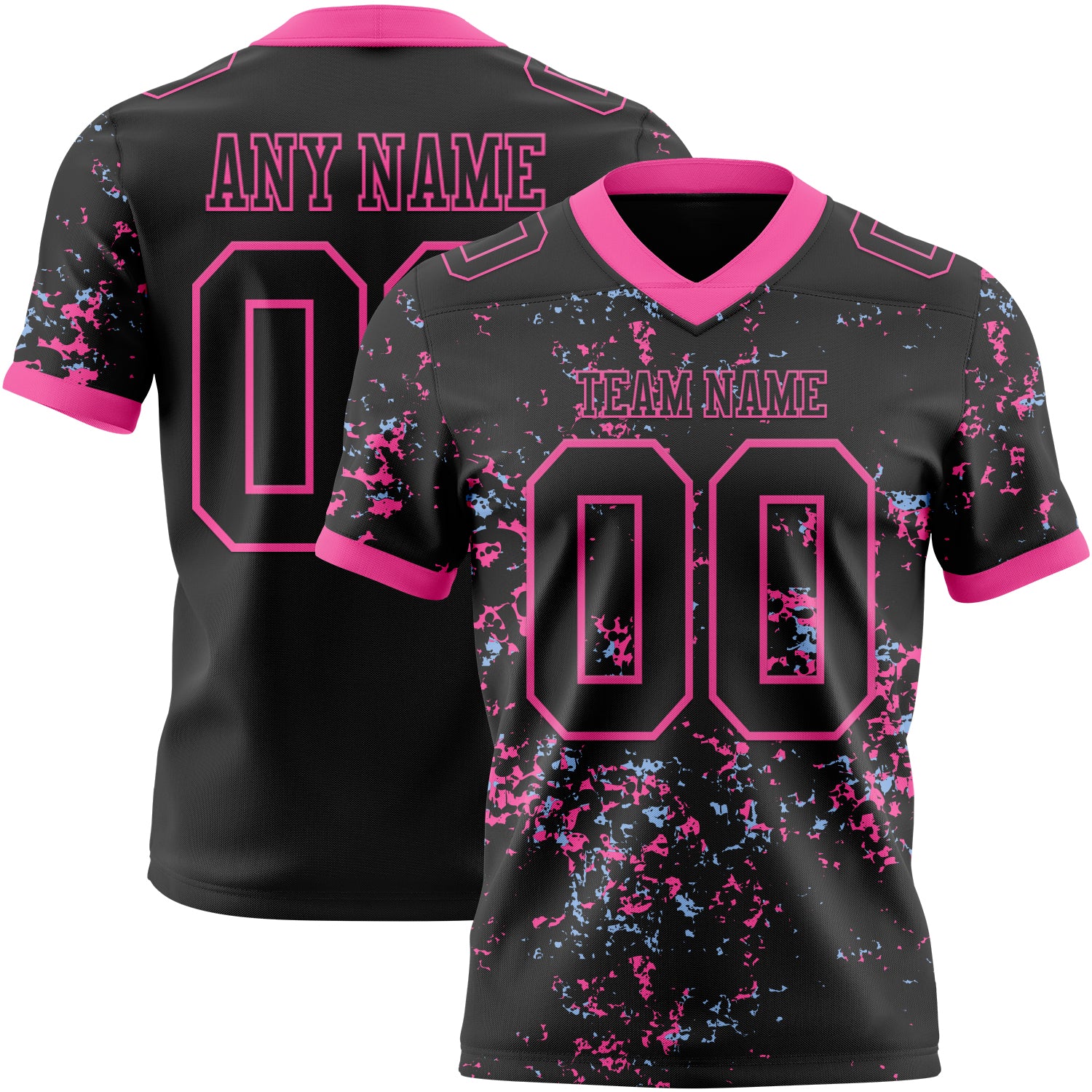 Custom Black Pink-Light Blue Authentic Abstract Shattered Paint Splatter Football Jersey