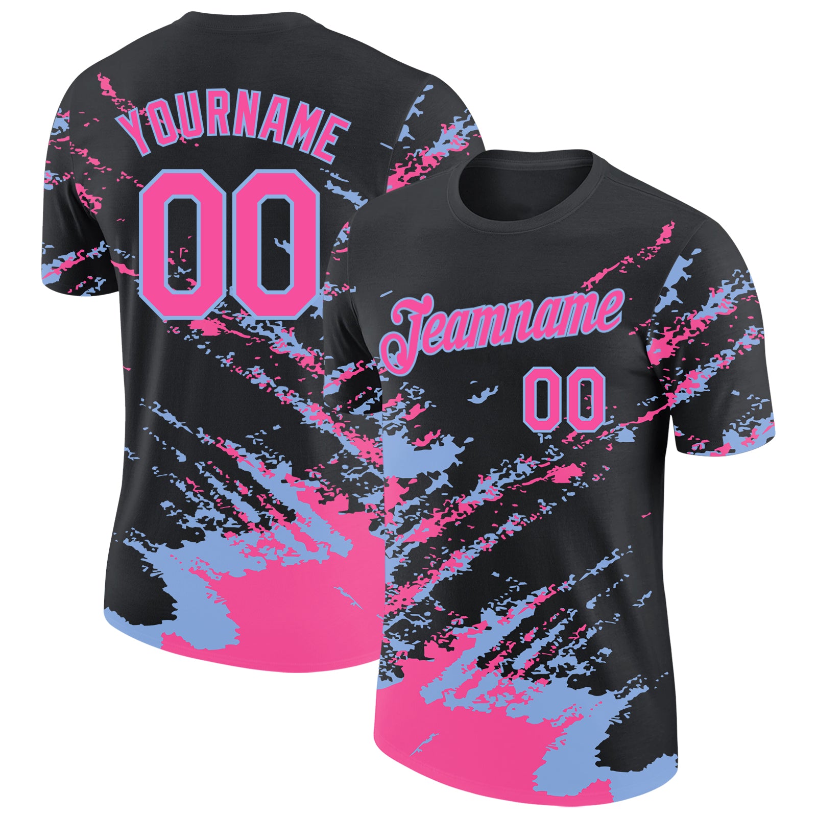 Custom Black Pink-Light Blue Brush Stroke Shatter Splatter Performance T-Shirt