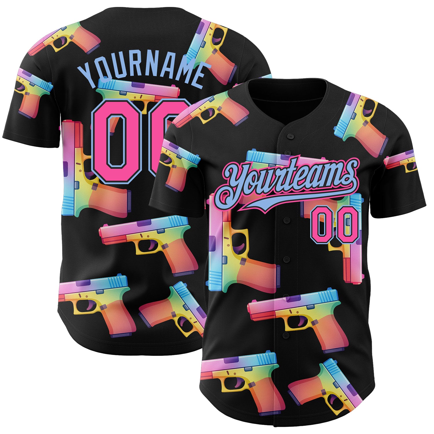 Custom Black Pink-Light Blue Colorful Firepower 3D Pattern Design Authentic Baseball Jersey