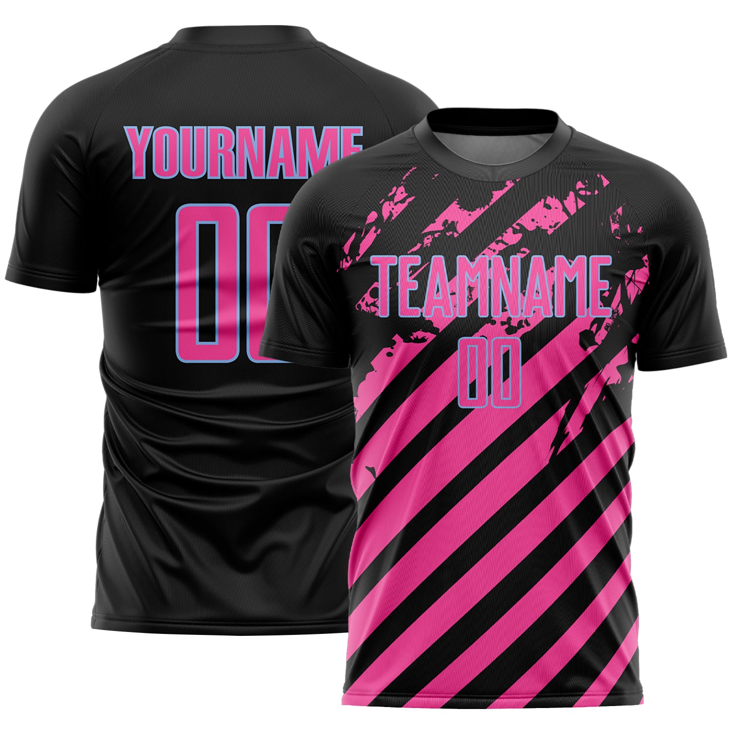 Custom Black Pink-Light Blue Distressed Diagonal Stripe Pattern Sports Sublimation Soccer Uniform Jersey