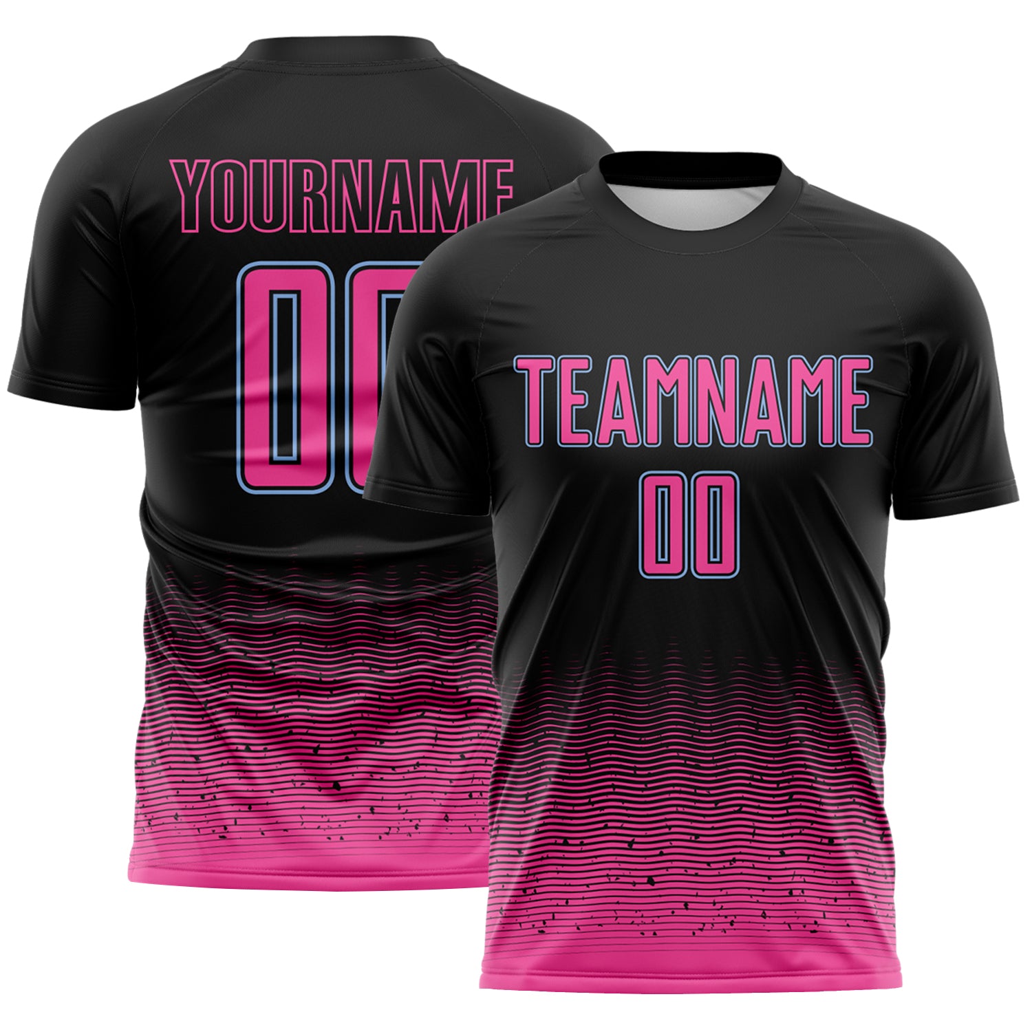 Custom Black Pink-Light Blue Fade Wave Lines Splatter Sublimation Soccer Uniform Jersey