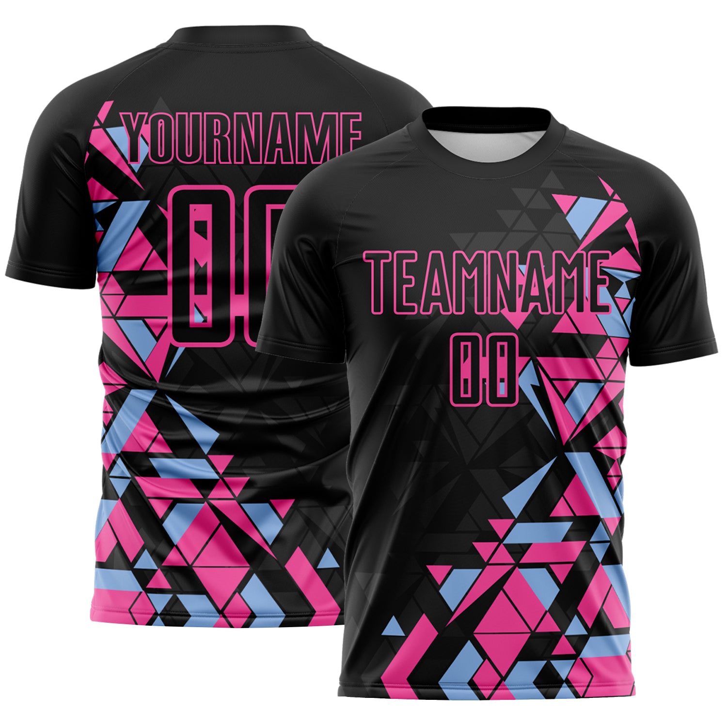 Custom Black Pink-Light Blue Geometric Grid Gradient Sublimation Soccer Uniform Jersey