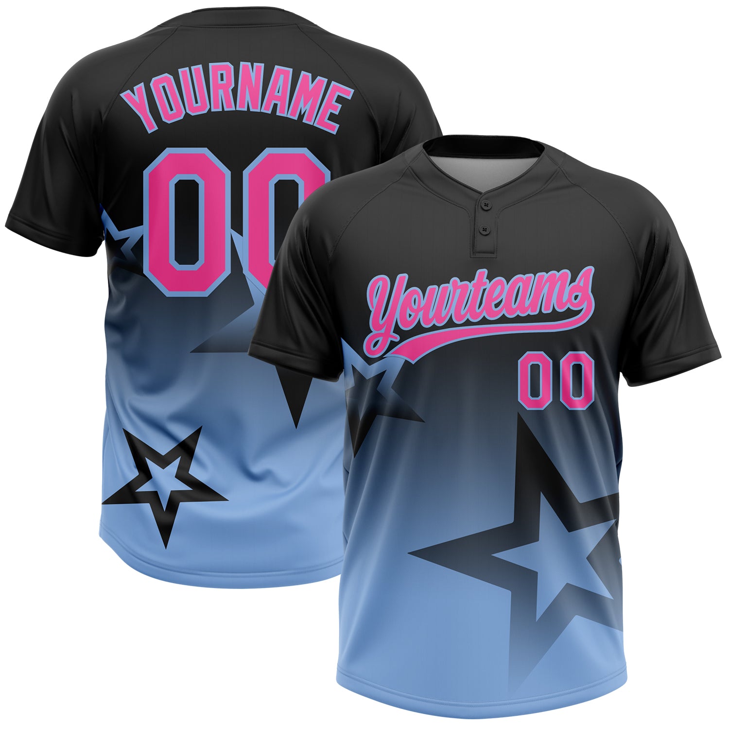 Custom Black Pink-Light Blue Gradient Style Twinkle Star Two-Button Unisex Softball Jersey