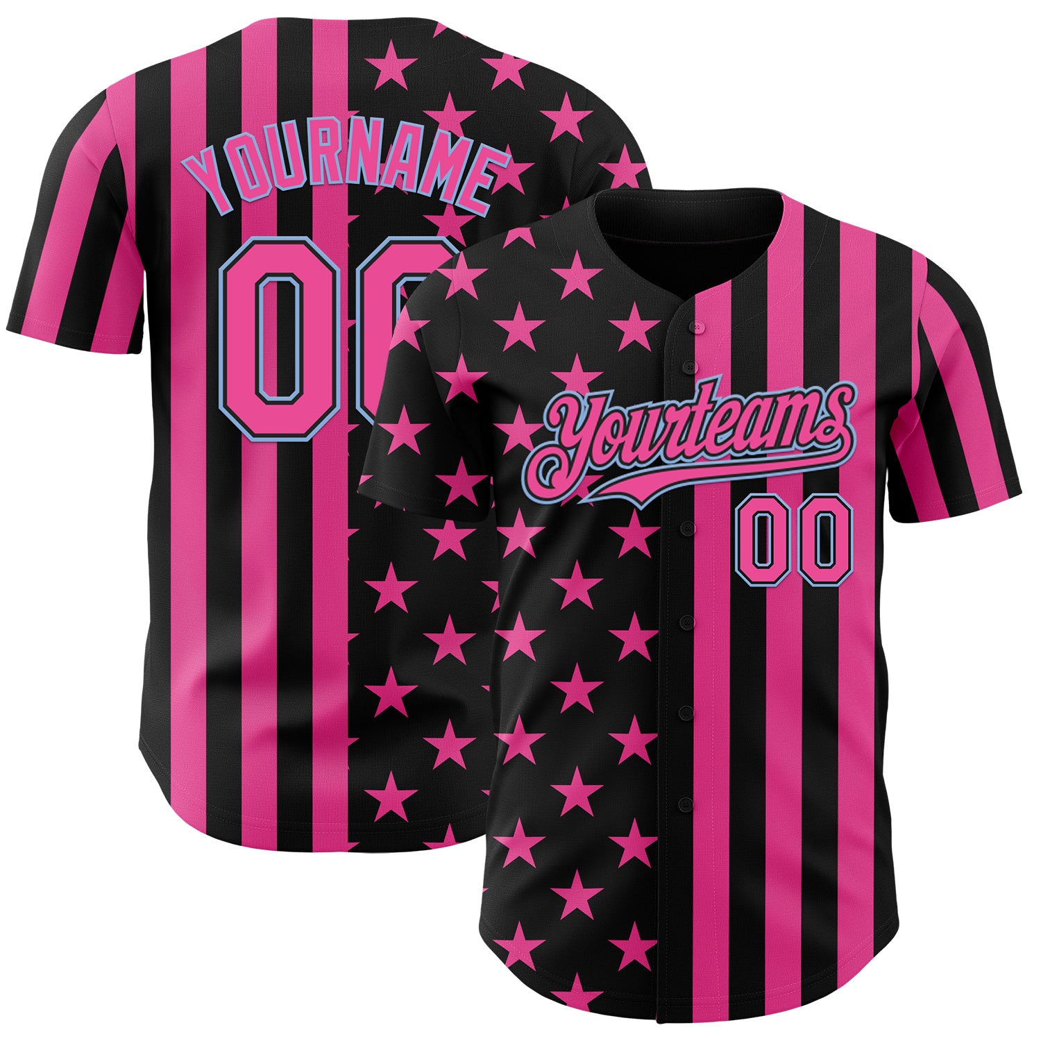Custom Black Pink-Light Blue USA Flag Patriotic Split Stars and Stripes Authentic Baseball Jersey