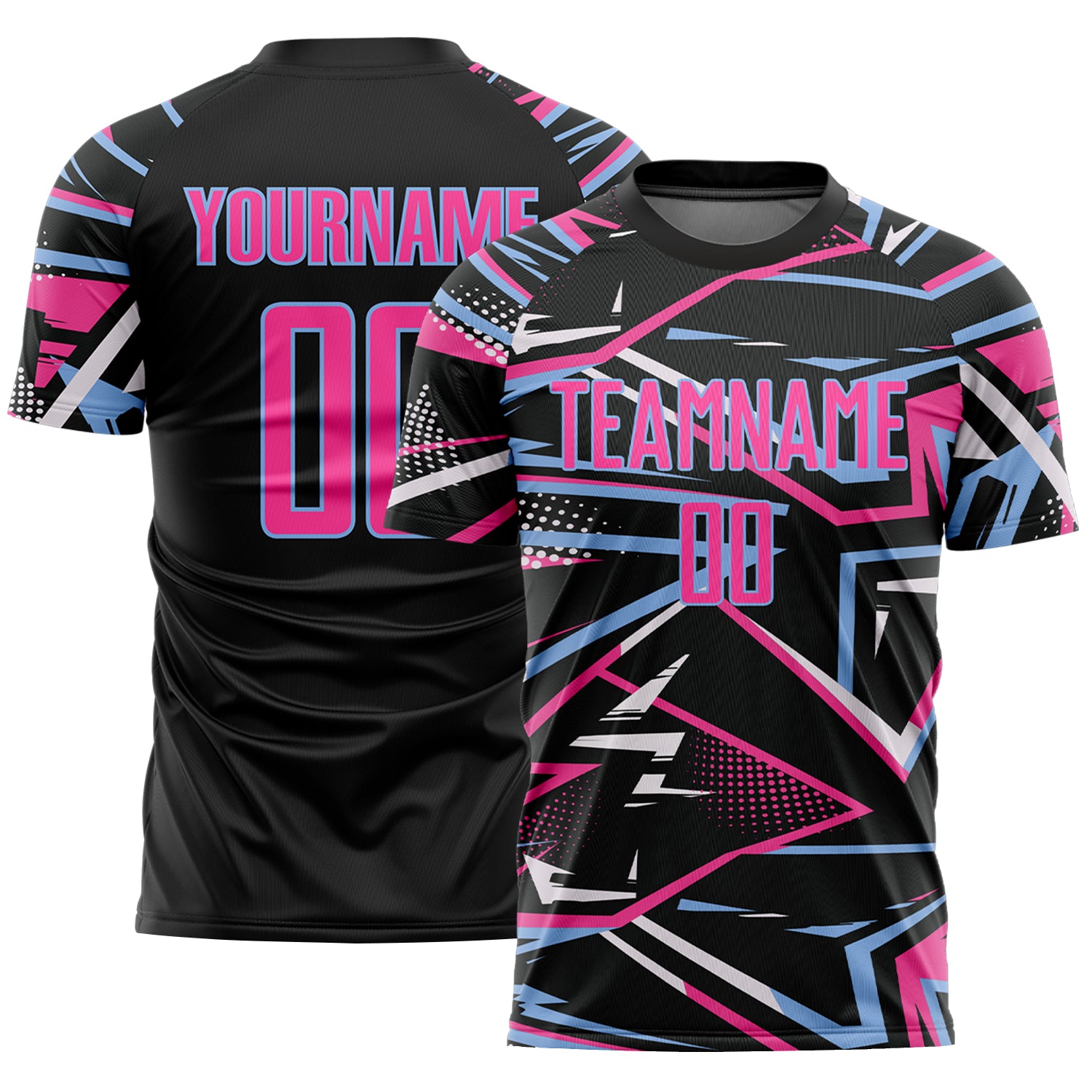 Custom Black Pink Light Blue-White Abstract Geometric Stripes Sports Sublimation Soccer Uniform Jersey