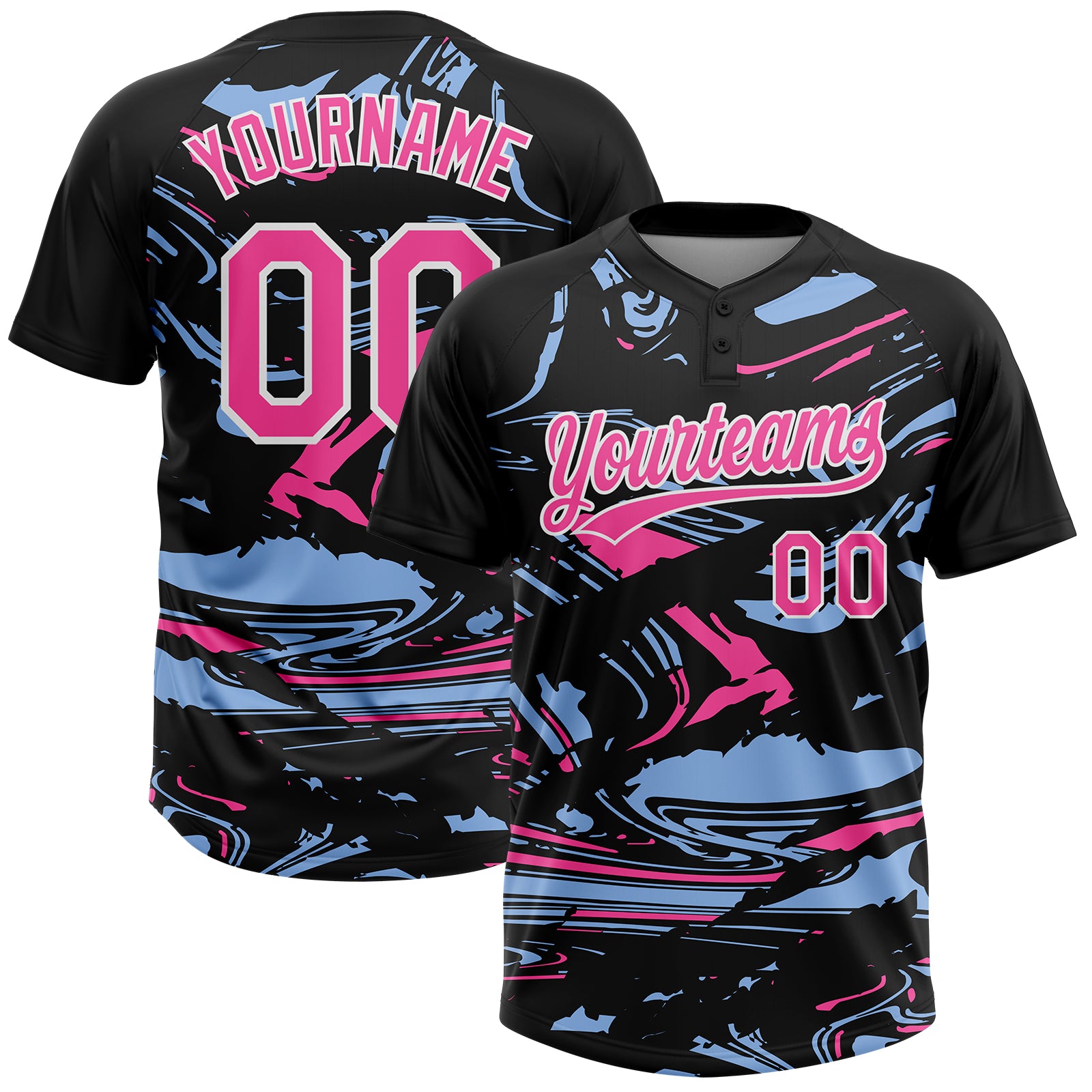 Custom Black Pink Light Blue-White Raglan Sleeves Abstract Fluid Marble Two-Button Unisex Softball Jersey
